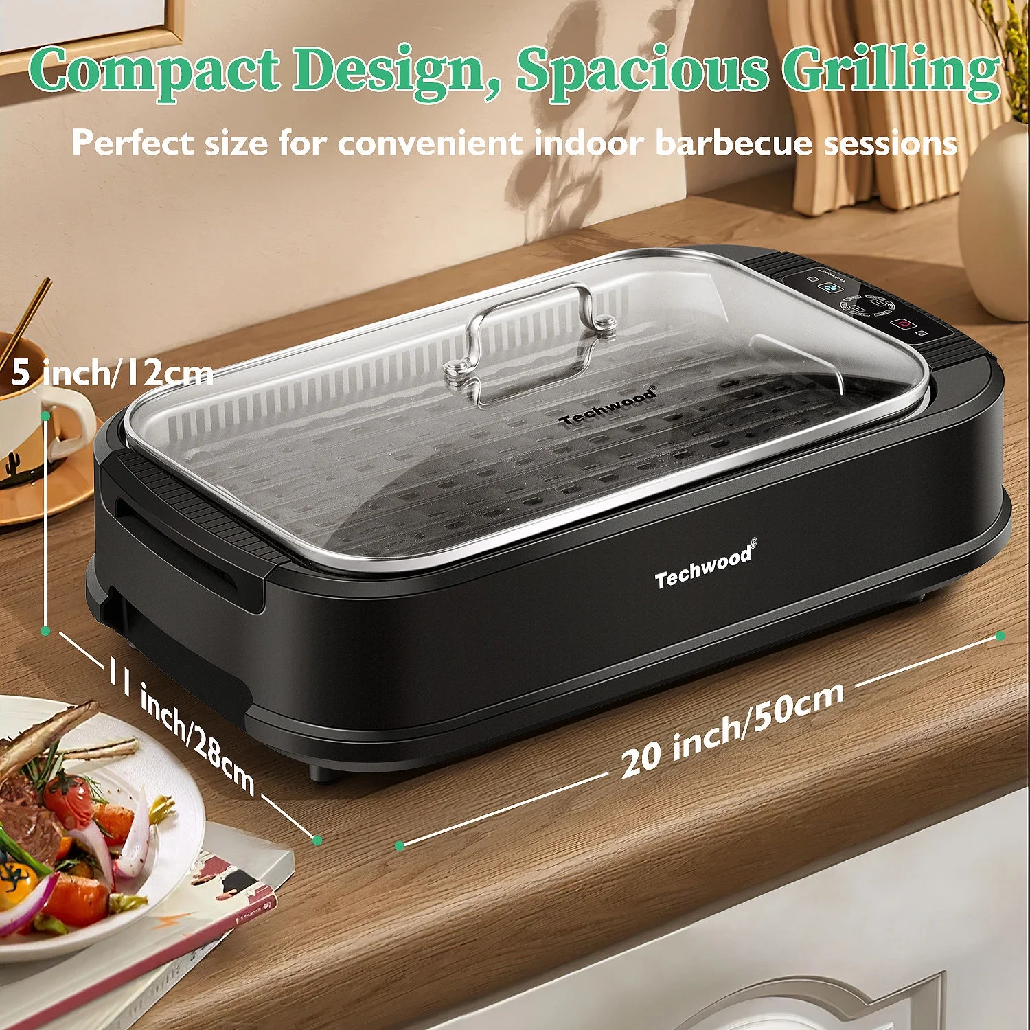 Techwood Indoor Smokeless Grill, 1500W, Black, Electric Portable Korean BBQ Grill with Tempered Glass Lid - Image 2