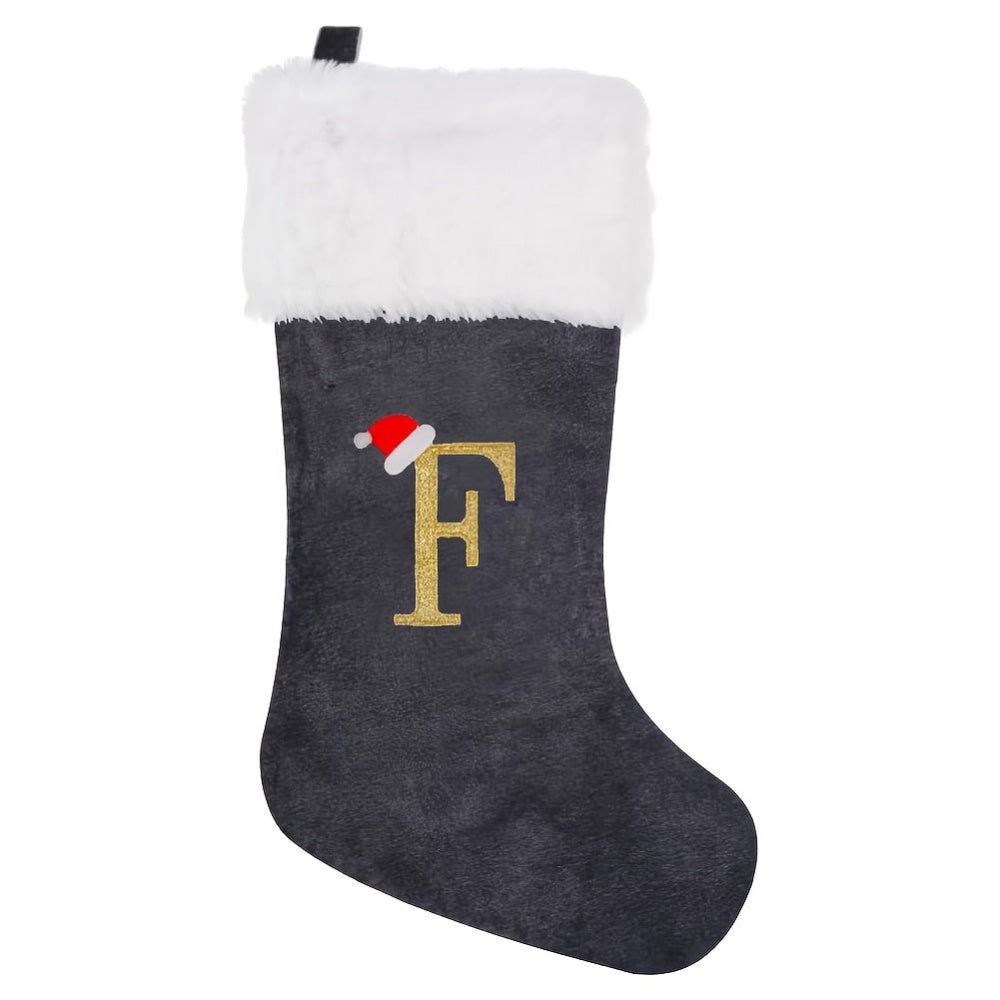 Gepersonaliseerde Fluwelen Kerstsok met Monogram – Modern Grijs Ontwerp
