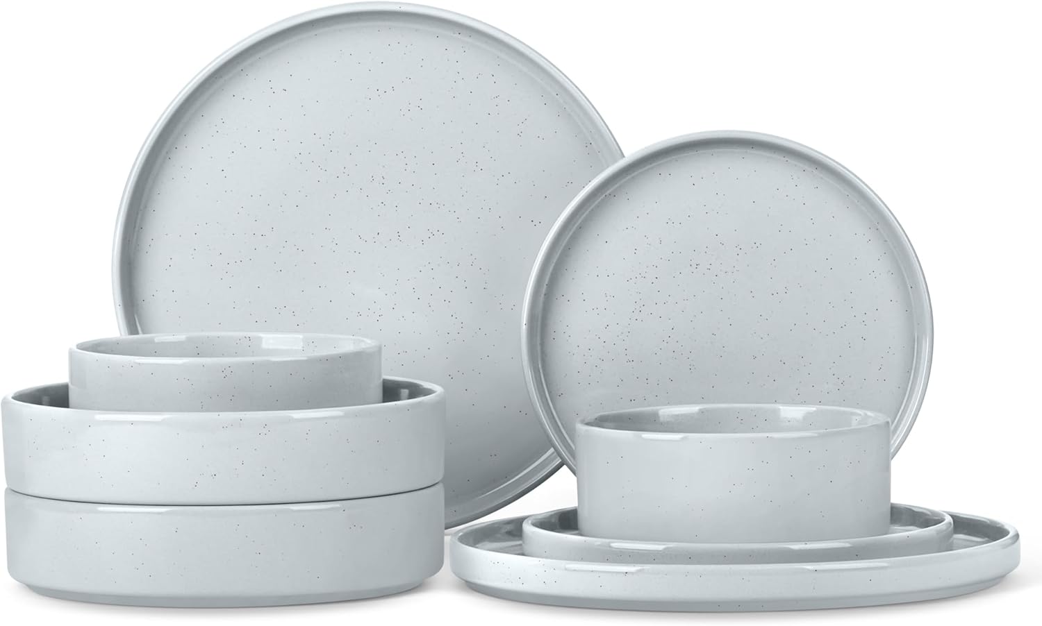 Herogo Stoneware Dinnerware Set with Salad Bowls, 8 Piece Plates and Pasta Cereal Bowls for 2, Kitchen Dinner Dish Set, Dishwasher & Microwave Safe, Speckled Light Gray