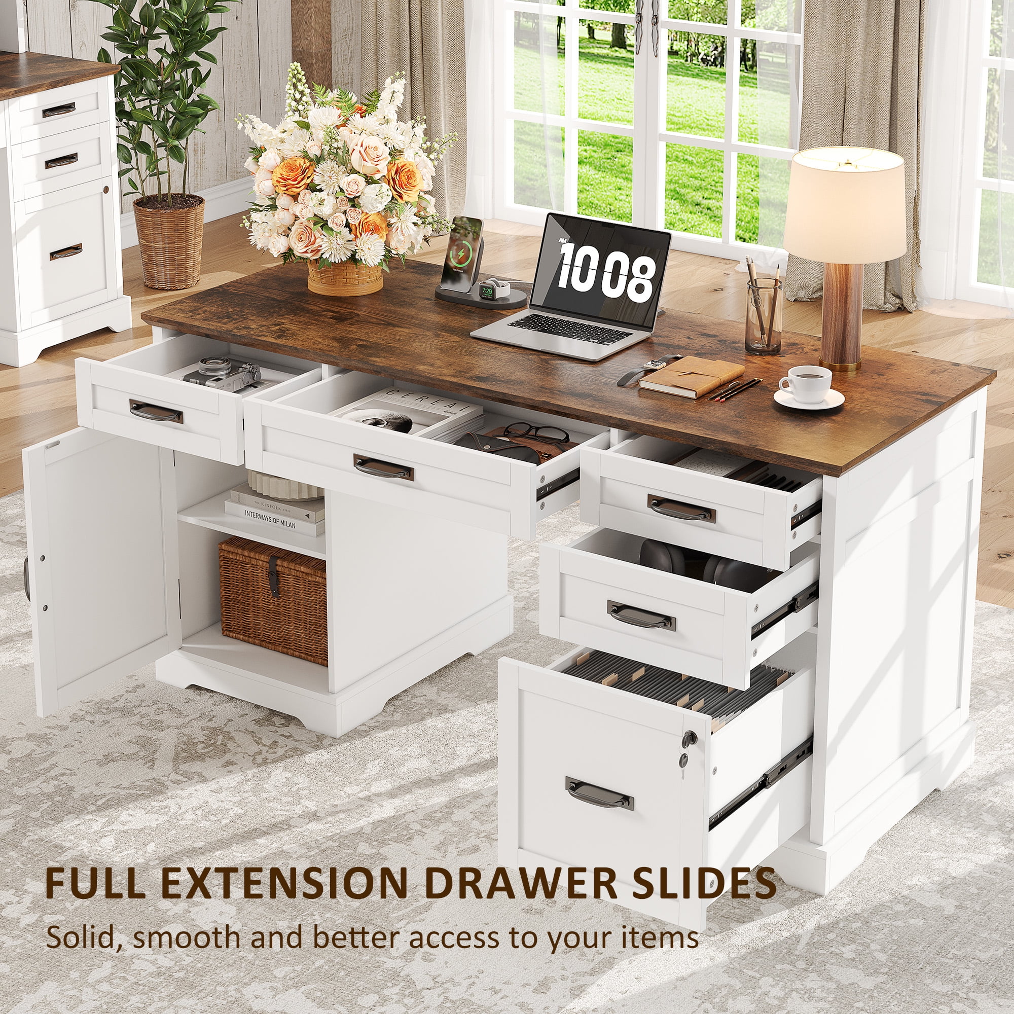 Whalefall 55 in Farmhouse Executive Desk with File Drawer for Adult Home Office, White