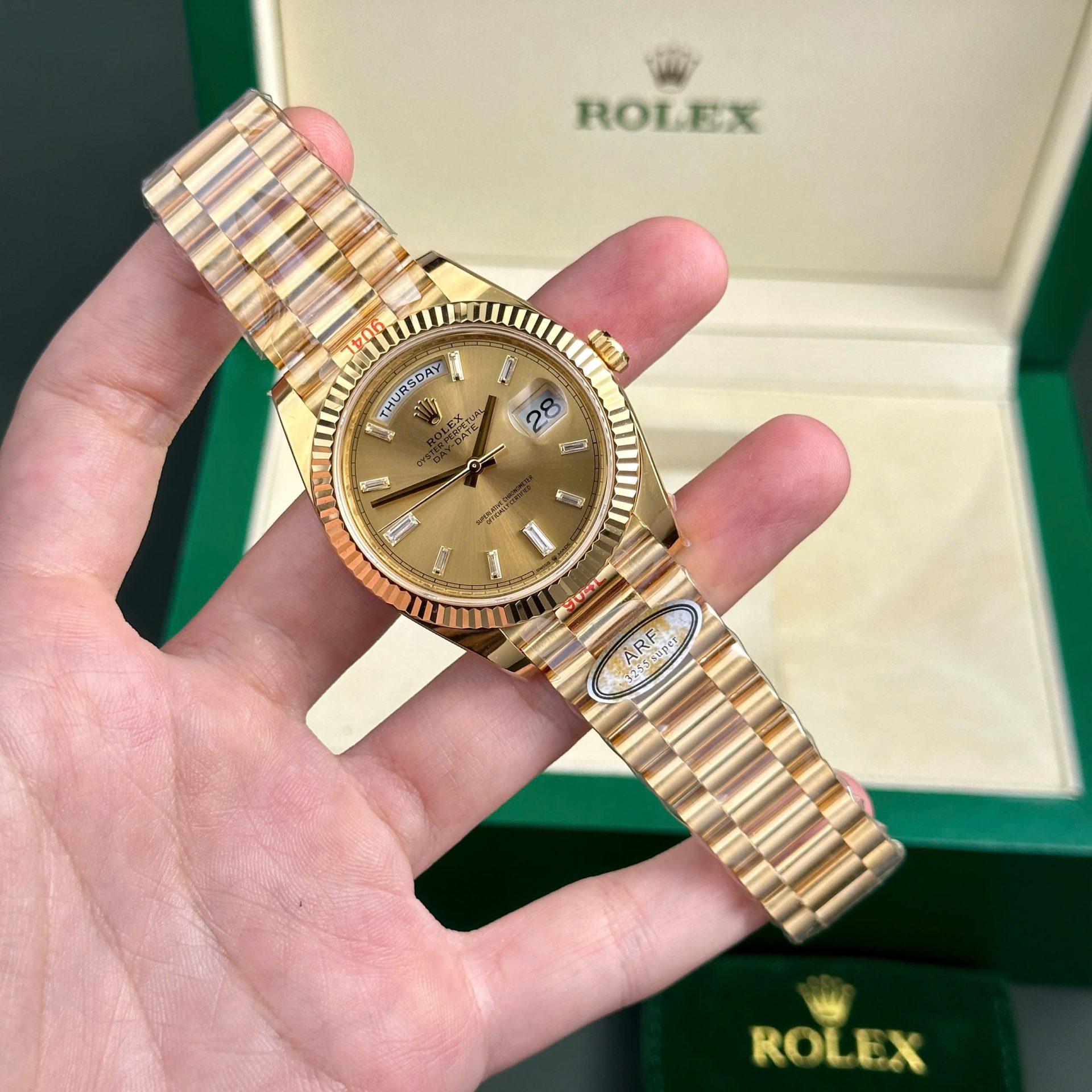 Rolex Day-Date 228238 Replica Watch Yellow Dial President Strap AR Factory 40mm - Elite Watch Atelier