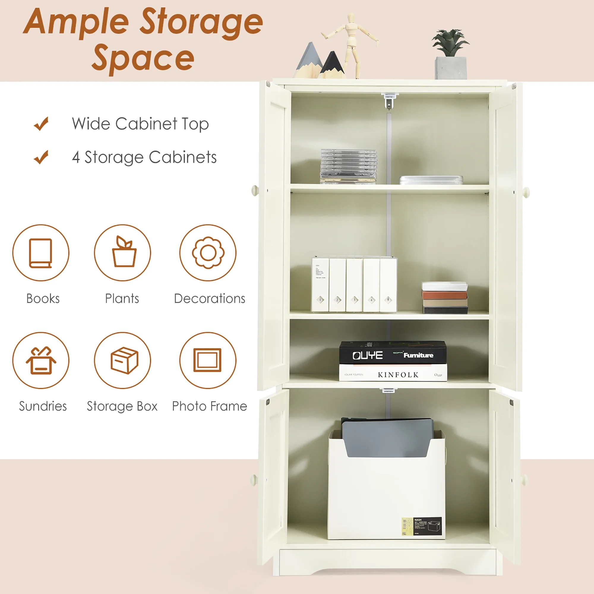 Costway Accent Floor Storage Cabinet W/ Adjustable Shelves Antique 2-Door Cream White - Image 8