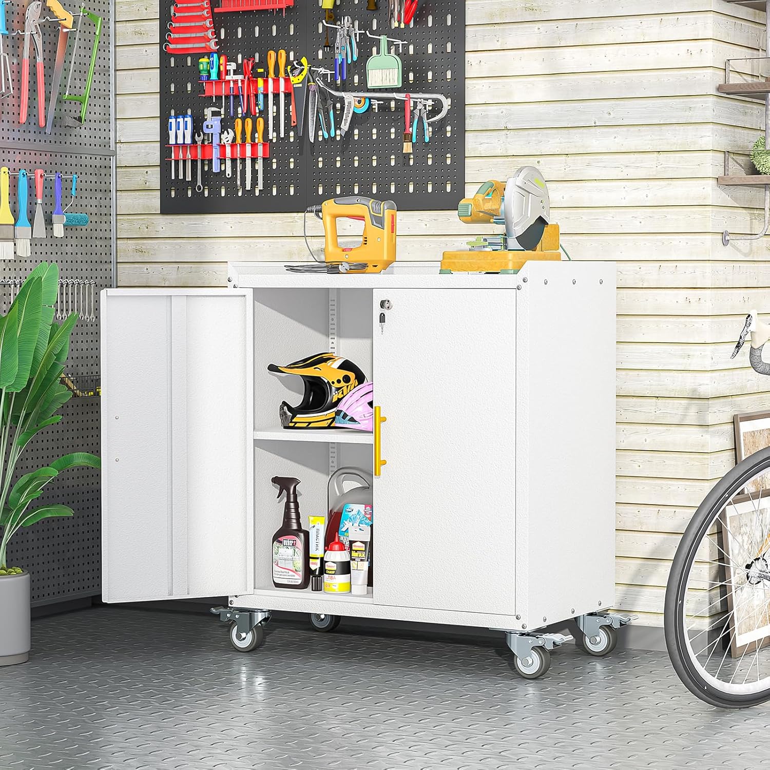 Metal Garage Storage Cabinet with Wheels, Tall Locking Cabinet with Doors and Shelves, Tool Storage Cabinets for Garage, Home Office (White,35.6