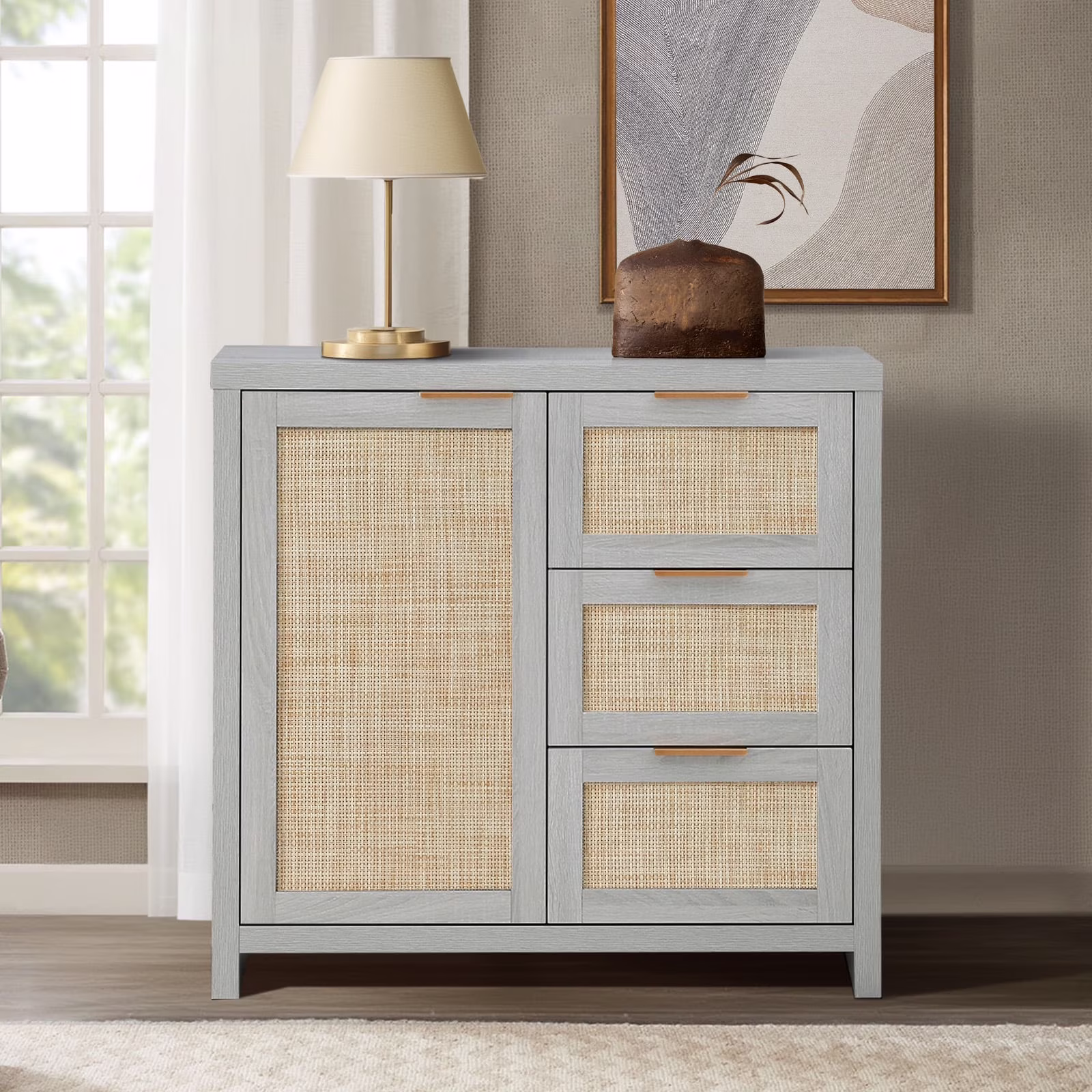 ARKANTOS Sideboards and Buffets, Boho Storage Cabinets with Rattan Doors and Drawers, Natural Oak - Image 7