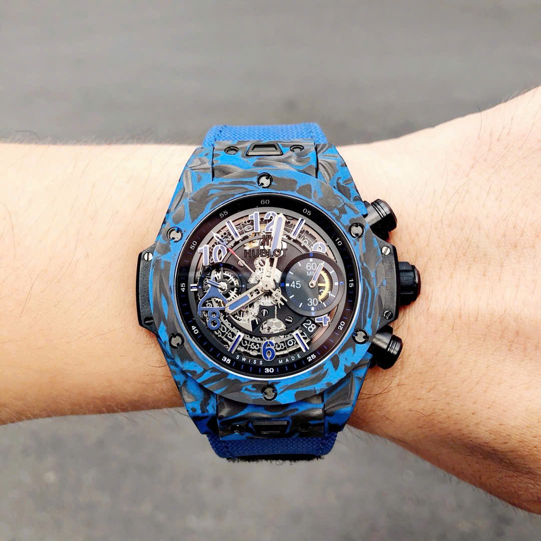 Hublot Big Bang Unico Blue Carbon Replica Watches Best Quality Fabric Strap 45mm - Top club