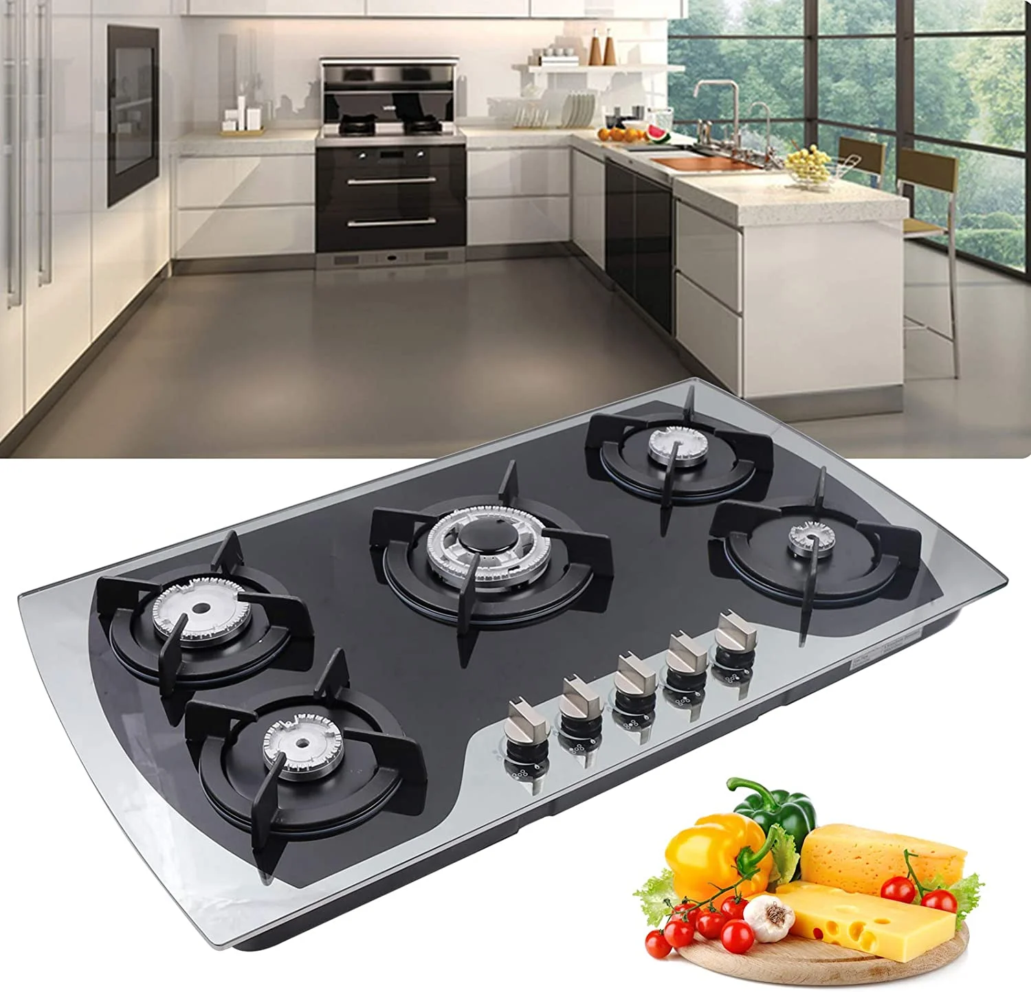 ANQIDI LPG/NG Gas Cooktop 5 Burners Gas Hobs Built-in Automatic Pulse Ignition Gas Stove Kitchen Cooker (35.4