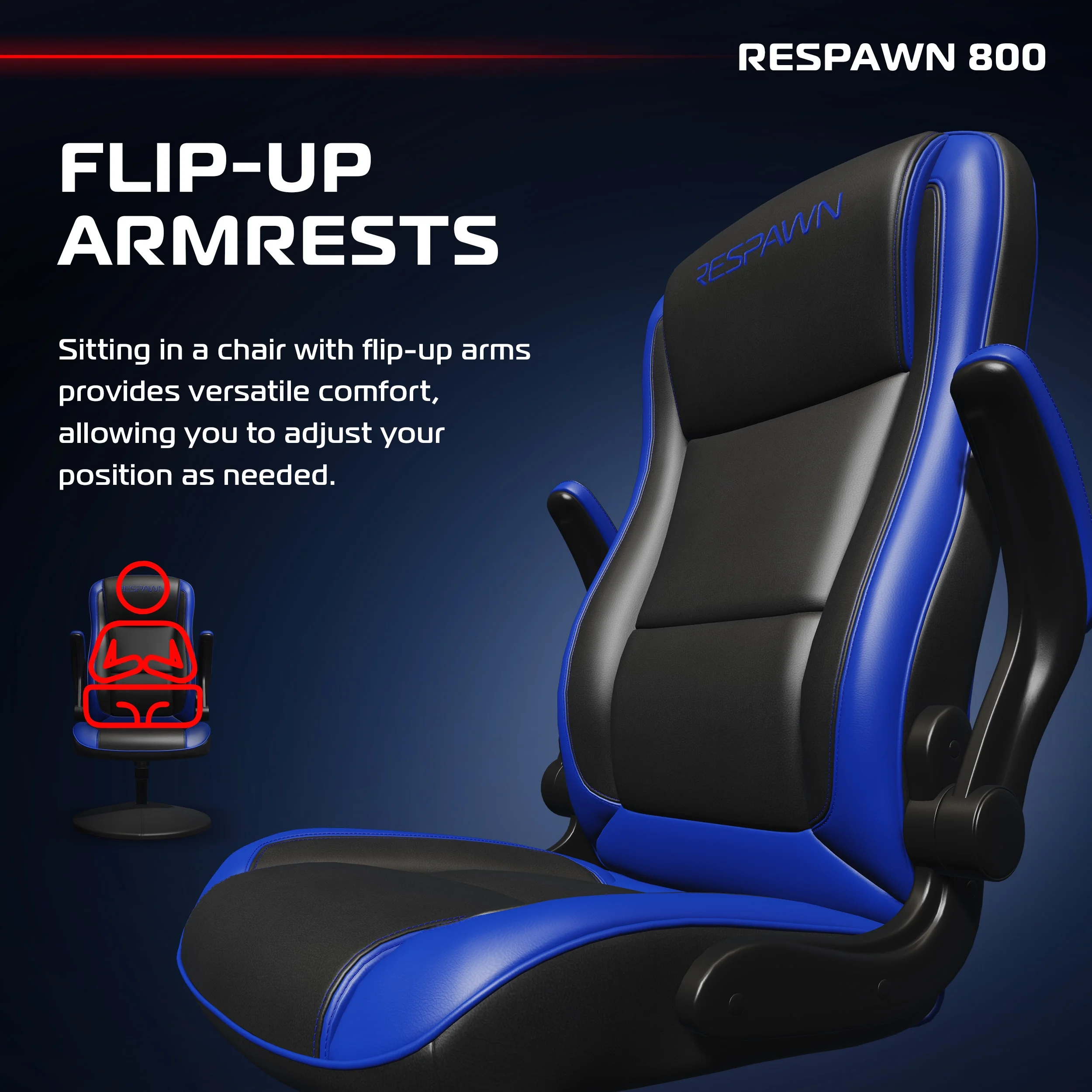 RESPAWN 800 Swivel Rocker Gaming Chair - Ergonomic Floor Gaming Seat with Lumbar Support, Flip Up Armrest, High Back, Pedestal Base, Comfortable No Wheels Console Video Game Rocker Chair - Red - Image 24