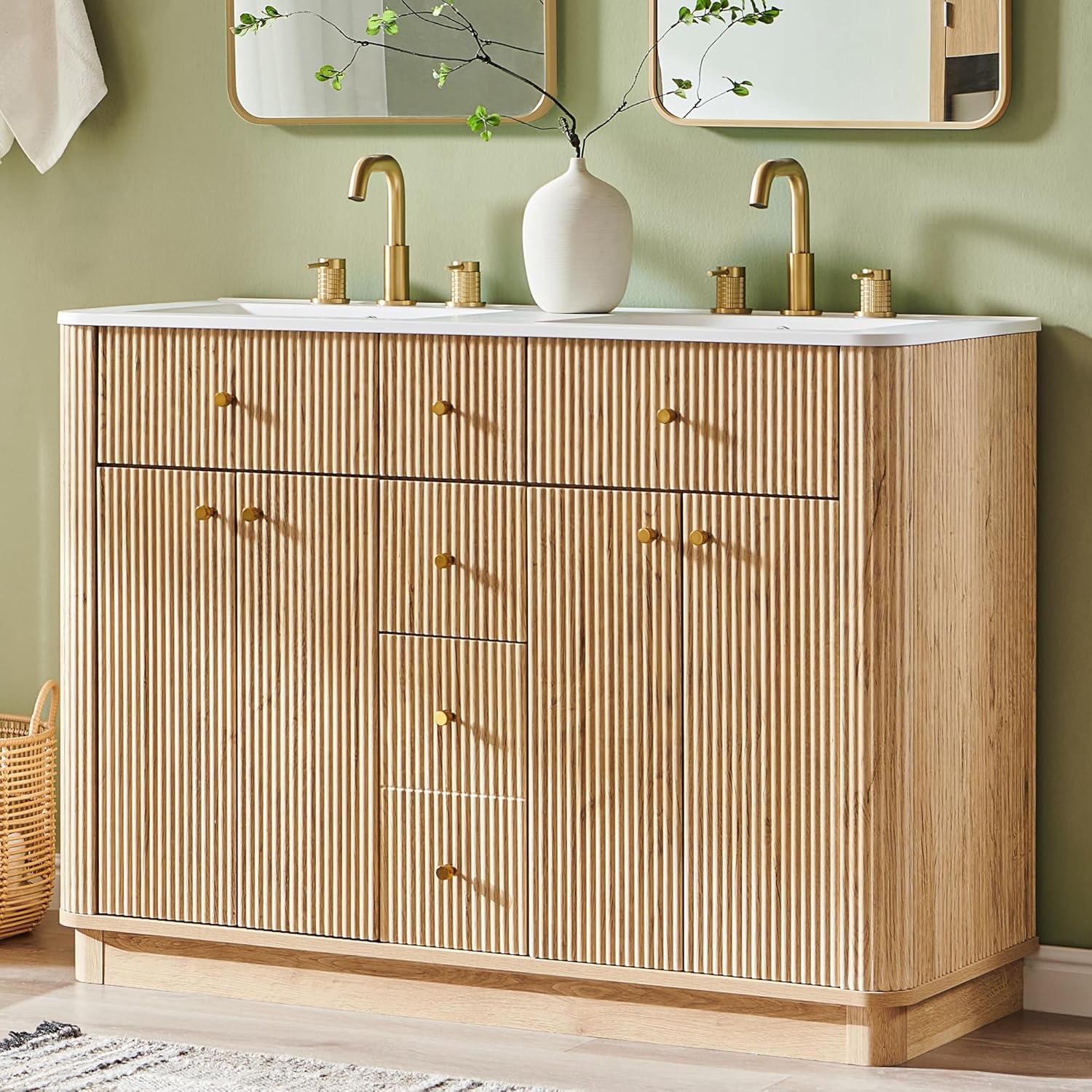 T4TREAM 48 Inch Bathroom Vanity with Sink, Modern Fluted Large Double Sink Bathroom Vanity with 2 Storage Cabinets, Adjustable Shelf, and 2 Drawers, Natural Oak