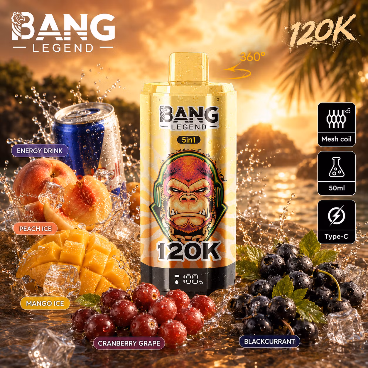 BANG LEGEND 120 000 puffów 5w1 – Energy Drink, Peach Ice, Mango Ice, Cranberry Grape, Blackcurrant