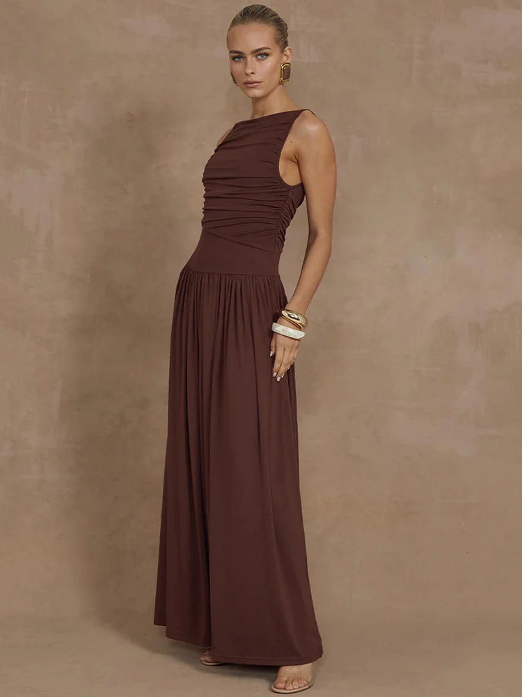 Elegant Sleeveless Maxi Dress For Women Fashion Solid Boat Neck Tank Dresses Ladies Sexy Ruched Long Dress New Gown - AZJHJ