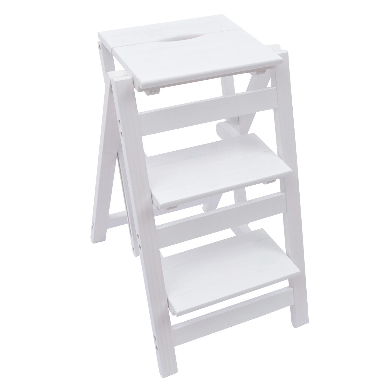 White 3-Tier Step Stool Solid Wood Folding Ladder Anti-Slip Step Stool - Image 9