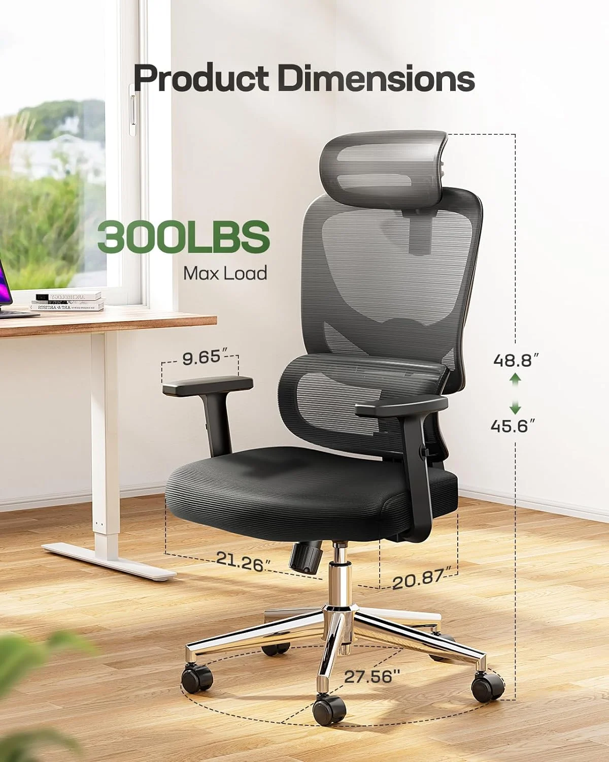Marsail Ergonomic Office Chair Desk Chair,Gaming Chair with Height Adjustable Lumbar Support,Breathable Mesh Seat Adjustable Swivel Rolling Home Executive, Adjustable Armrest& 2D Headrest,Black