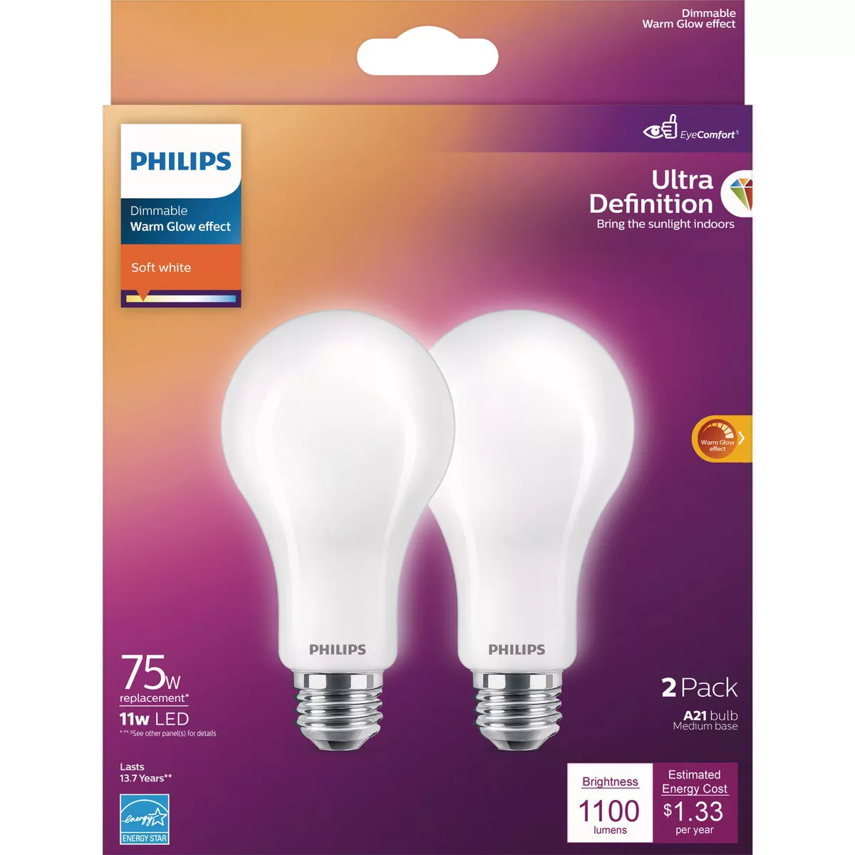 Philips Ultra Definition Warm Glow 75W Equivalent Soft White A19 Medium LED Light Bulb (2-Pack)