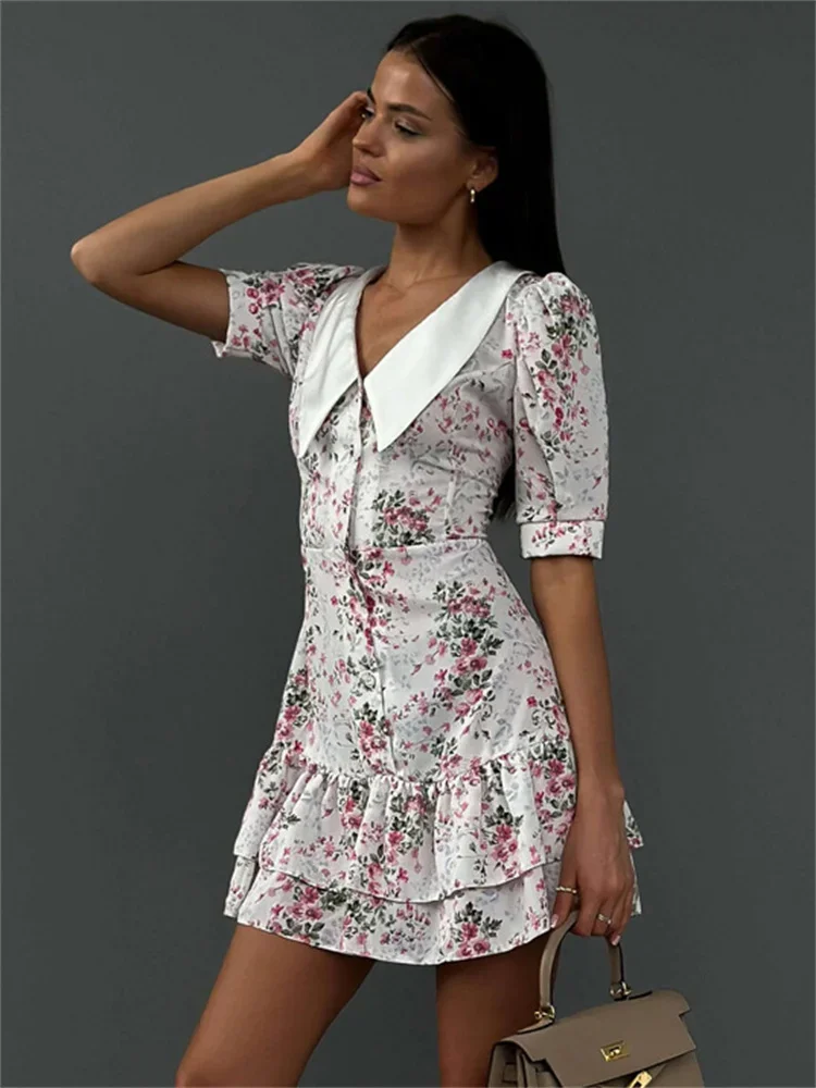 Printed Ruffled V-Neck Mini Dress Female Short Sleeve Fashion Slim High Waist Elegant Party Dress Women’s Summer Dress New - AZJHJ