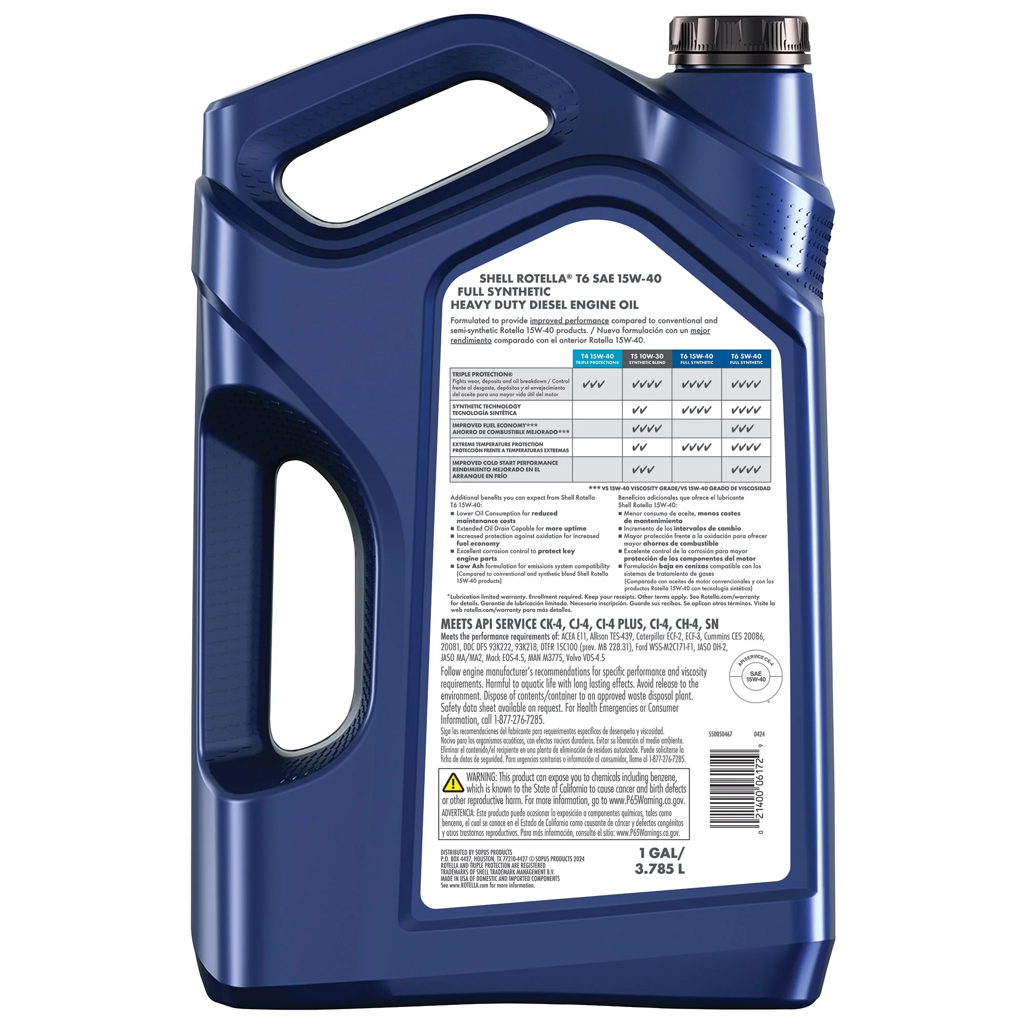 (3 pack) Shell Rotella T6 Full Synthetic 15W-40 Motor Oil, 1 Gallon (3 Pack) - Image 2