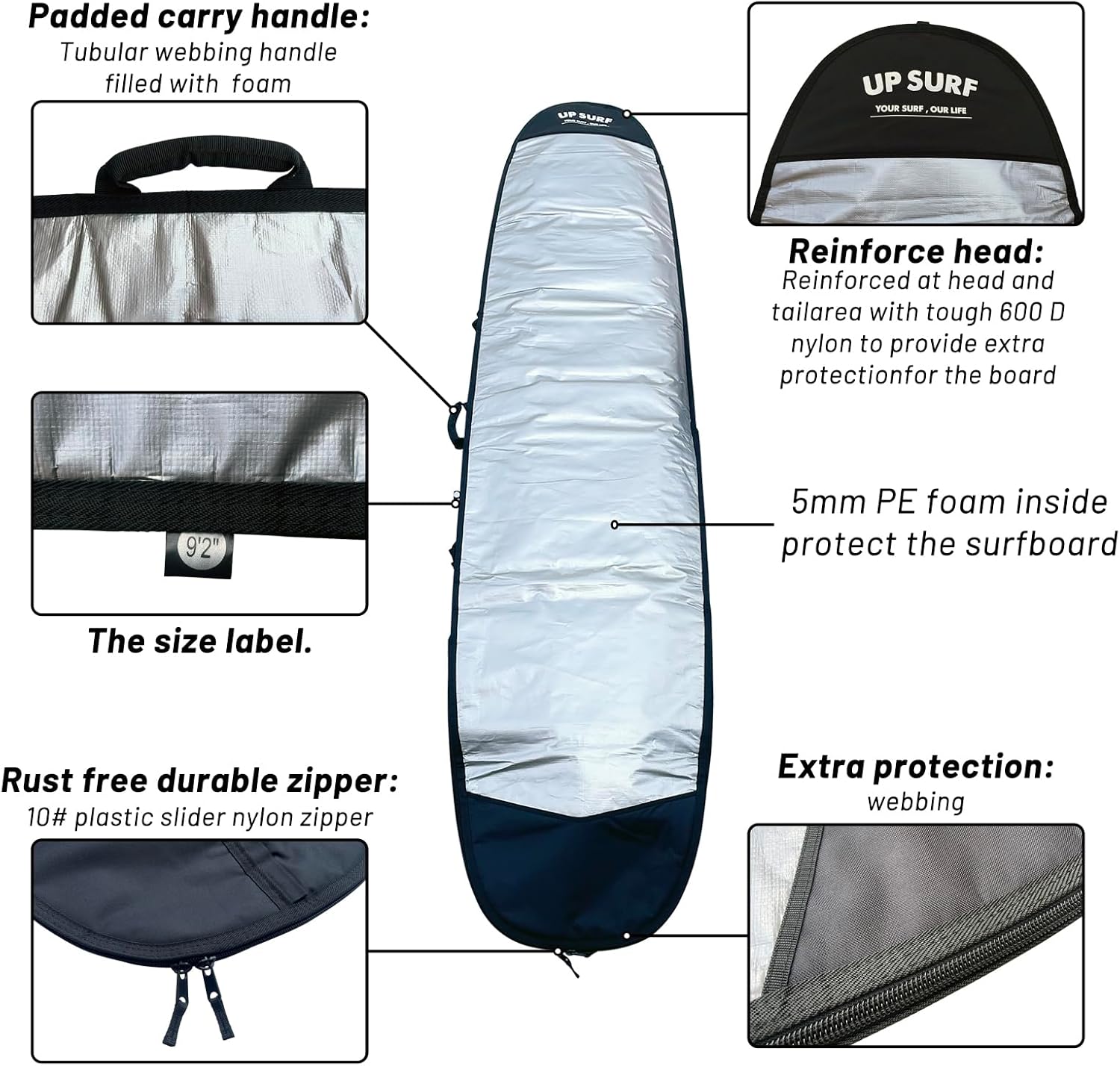 UP SURF Surfboard bag, Daylight Bags for Longboard, Size 8’6”,9’2”,9’6