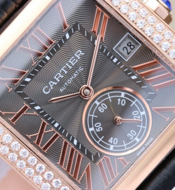 Replica Cartier Tank MC RG Gray Textured Dial Diamonds Bezel Leather Strap - Elite Watch Atelier