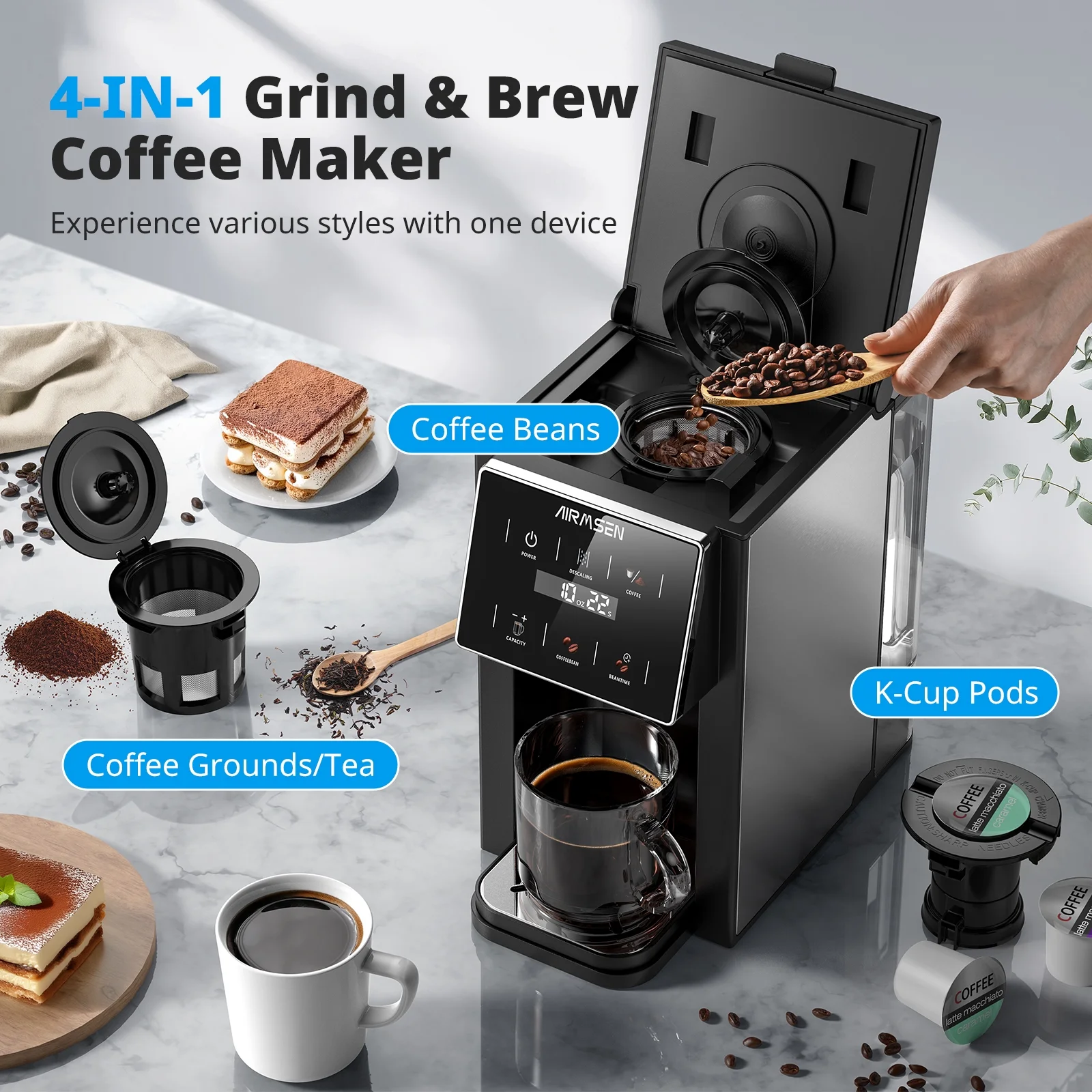 AIRMSEN 4 in 1 Single Serve Coffee Maker with Grinder, K Cup Coffee Machine Compatible with Grounds and Beans, Instant Coffee Pot with 5 Grind Levels & 6-14oz Cup Sizes, BPA-Free