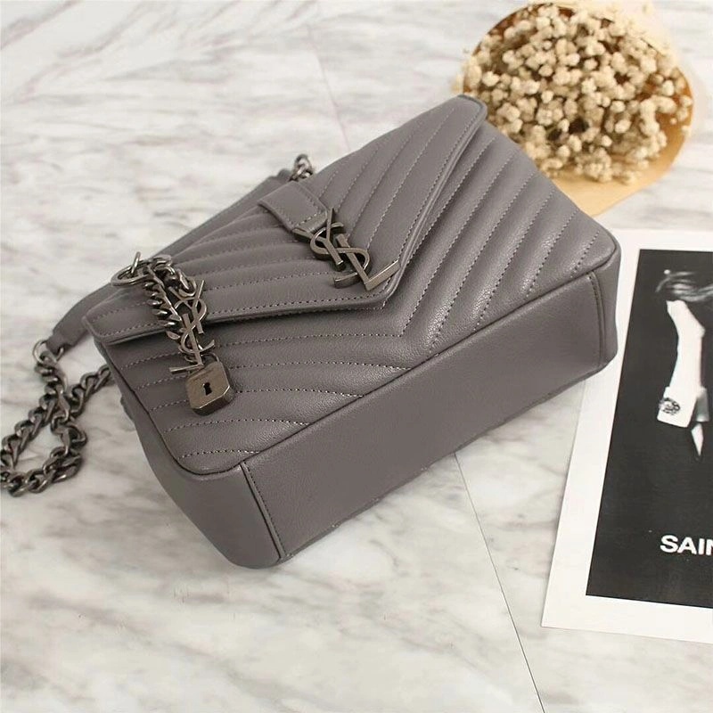 Saint Laurent Medium Classic College Chain Bag In Matelasse Leather Grey Silver - 1:1High-quality replica