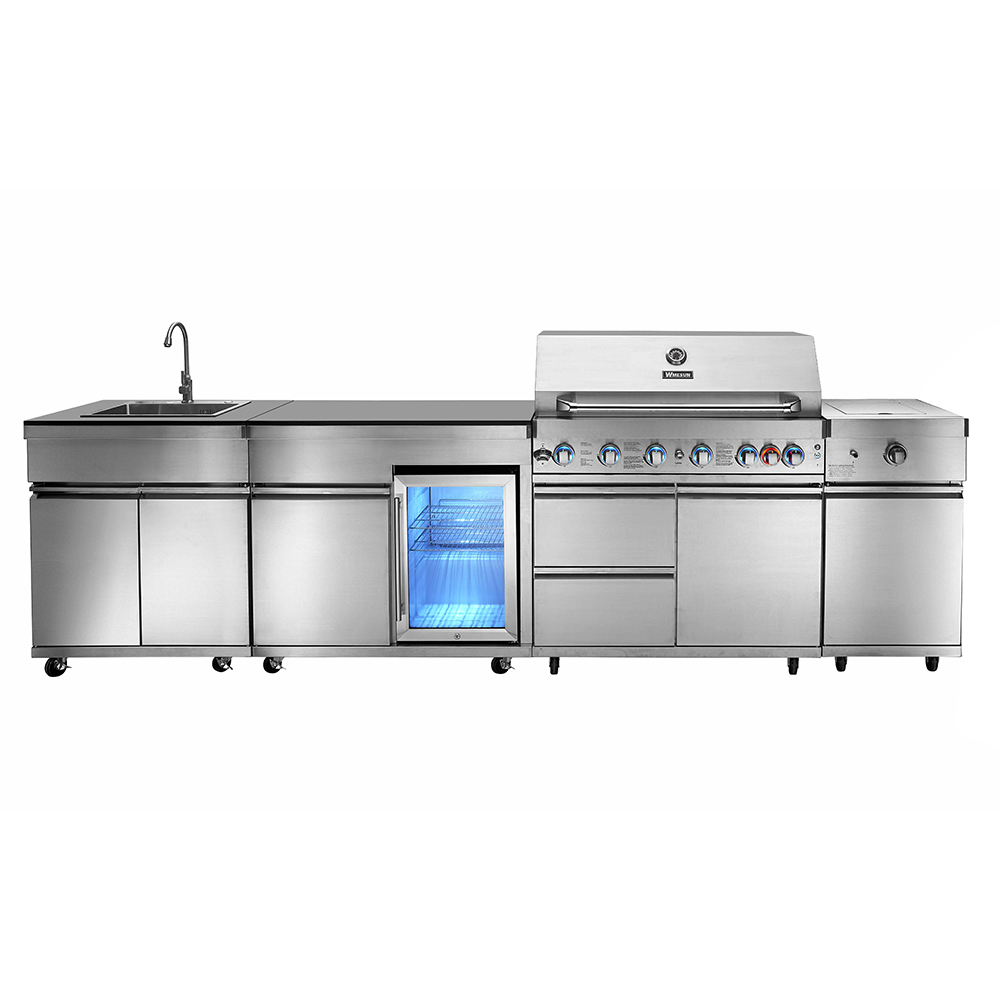 Premium Stainless Steel Gas BBQ Grill with 6+1 Burner Refrigerator Sink Tap Cabinet Trolley for Home Outdoor Use