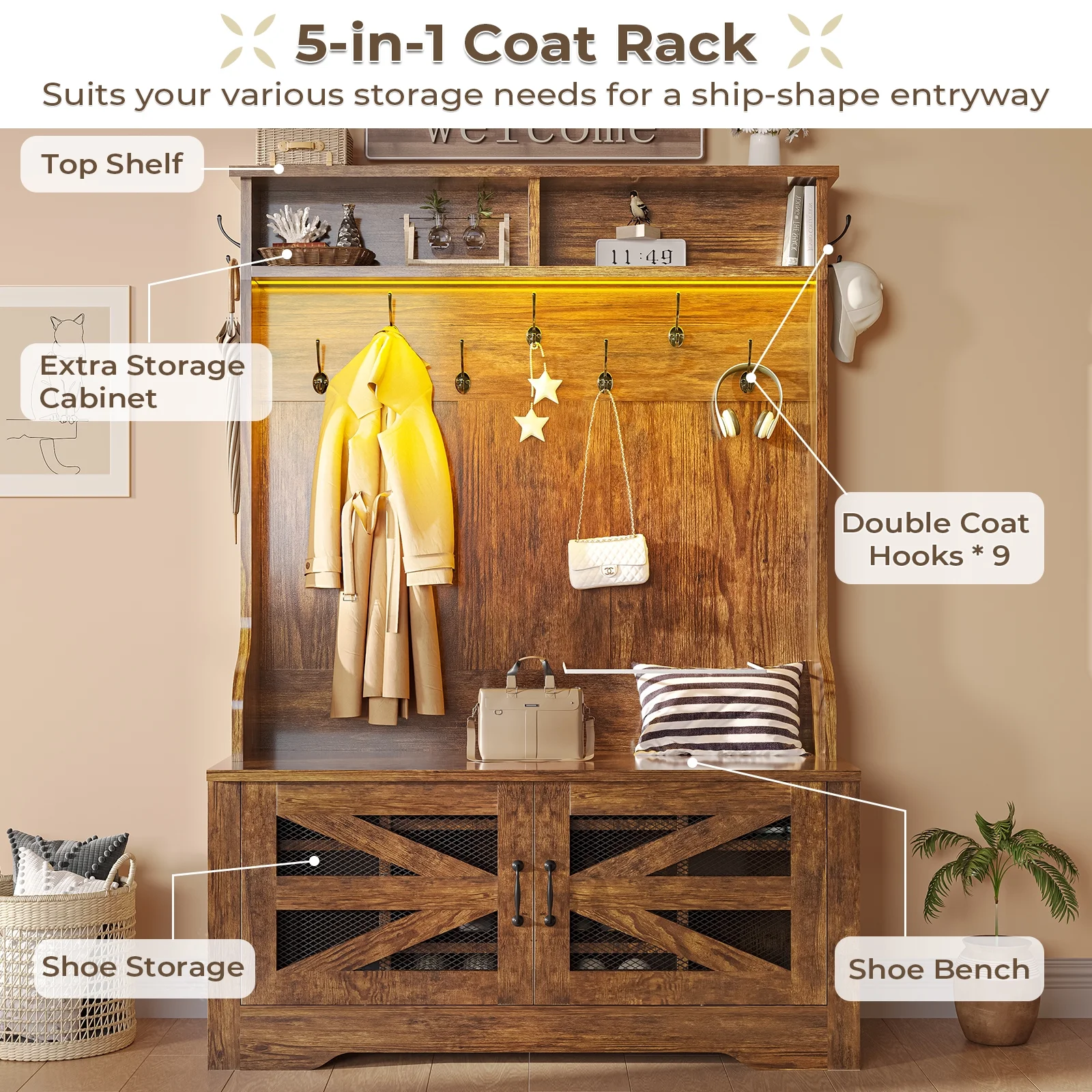 Hall Tree with Bench and Shoe Storage, 5-in-1 Entryway Bench with Coat Rack, 10 Shoe Cubbies & 9 Coat Hooks, Barn Door & Adjustable Shelf, Rustic Brown