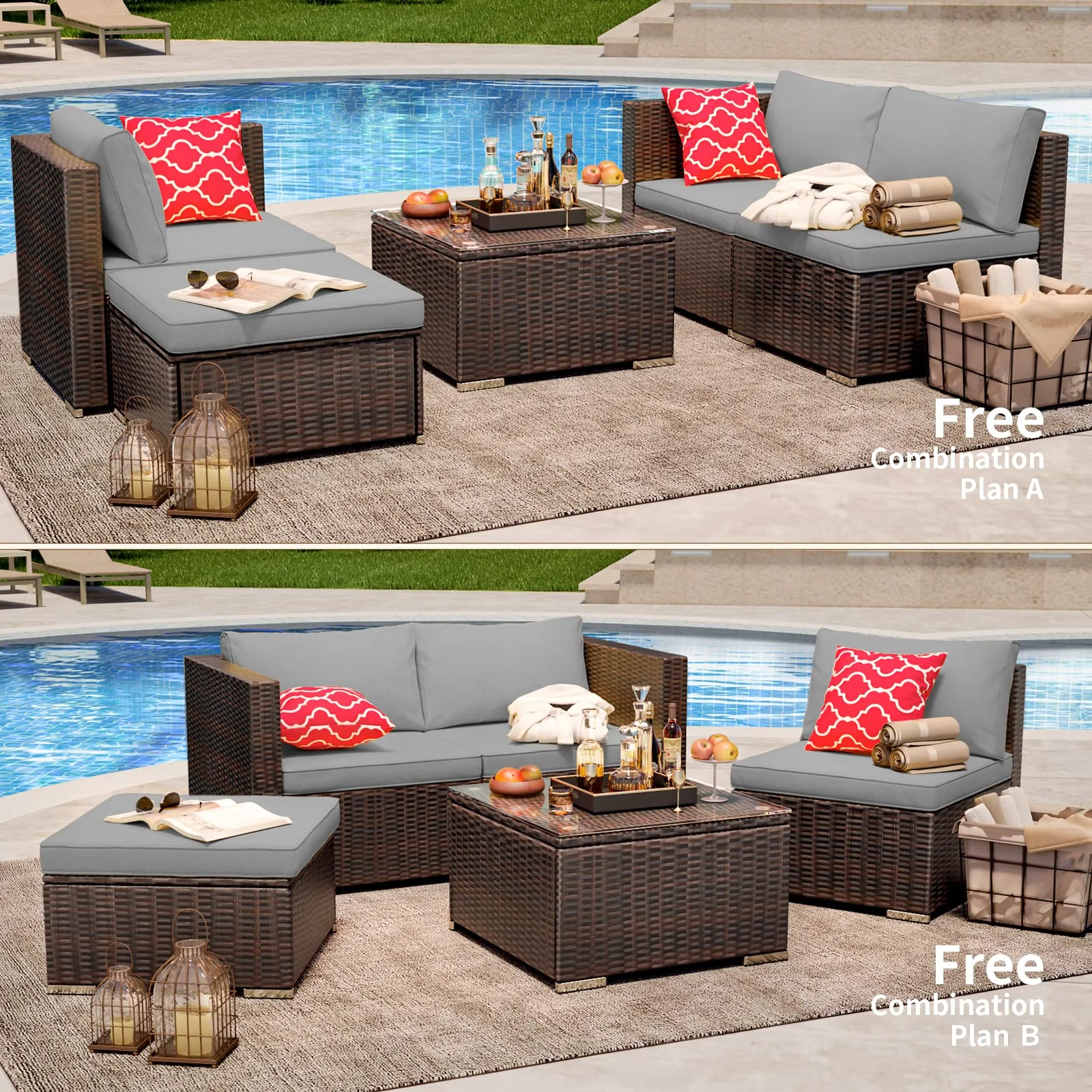 Patio Furniture Set Clearance, Lofka 5 Pieces Patio Conversation Set with Sofas and Tempered Glass Coffee Table for Outdoor Garden Gray - Image 6