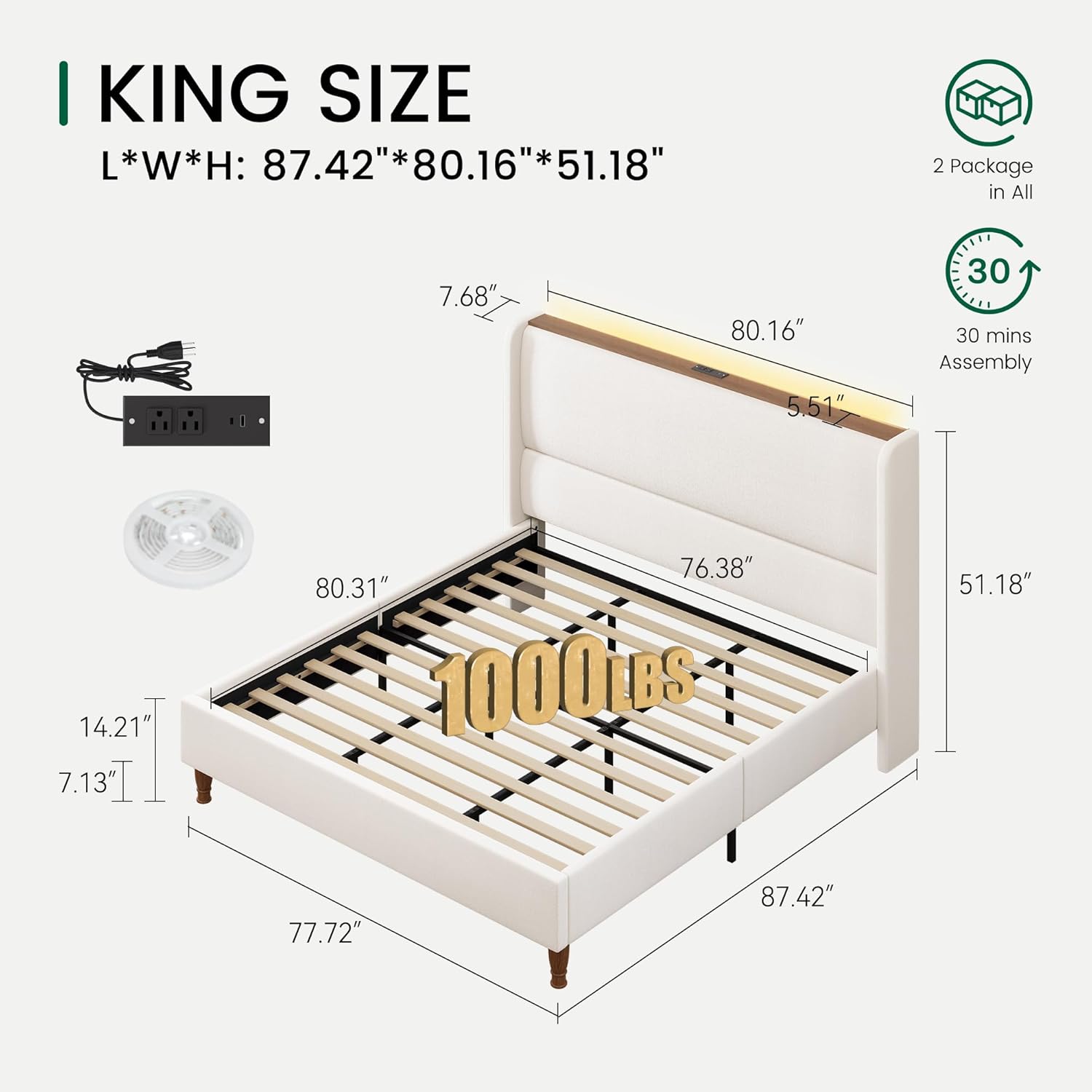 LARMACE King Size Bed Frame with LED Lights and Charging Station Linen Upholstered Platform Bed Frame with 51.2