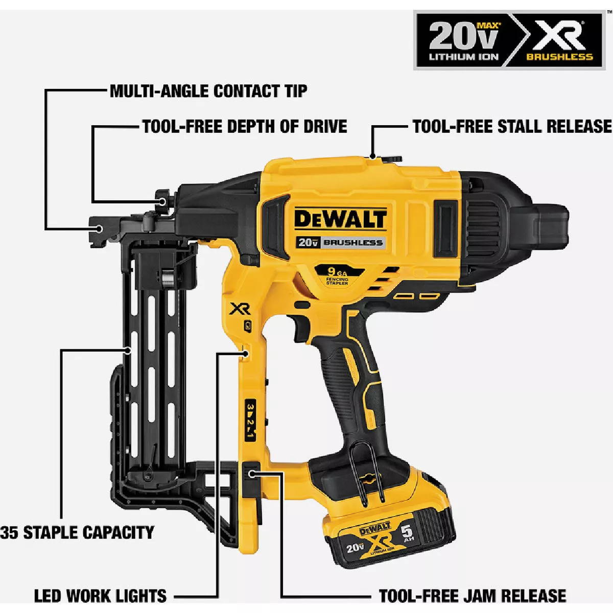 DEWALT 20V MAX XR Brushless 9-Gauge Cordless Fencing Stapler (Tool Only)