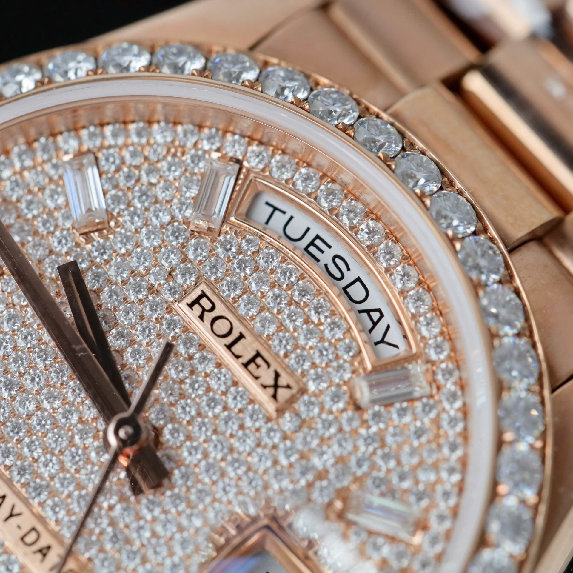 Rolex Day-Date Copies Watches 18K Rose Gold Wrapped + Moissanite Diamonds GM Factory 36mm - Top club