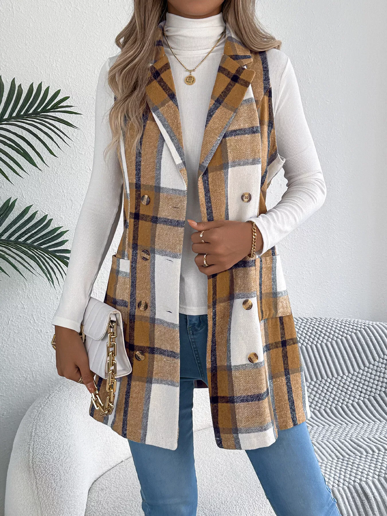 Plaid Double-Breasted Vest Coat - ZKZOOK