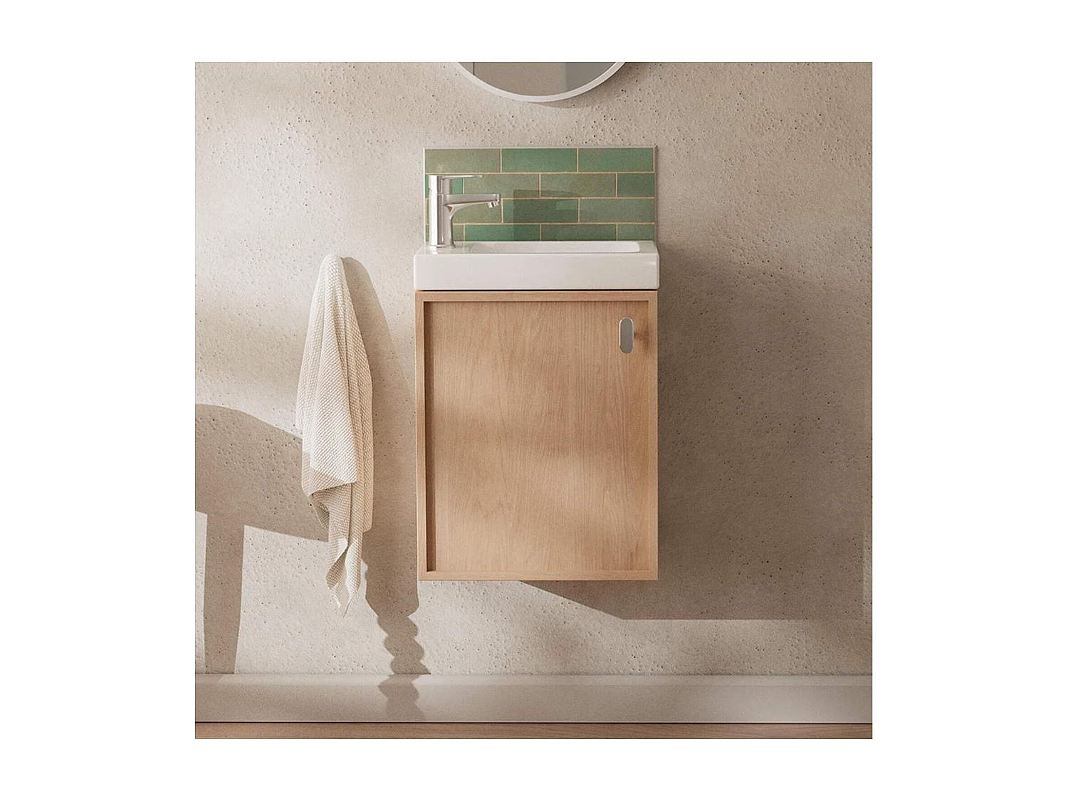 Ensemble meuble lave-mains décor chêne FRAME + robinet