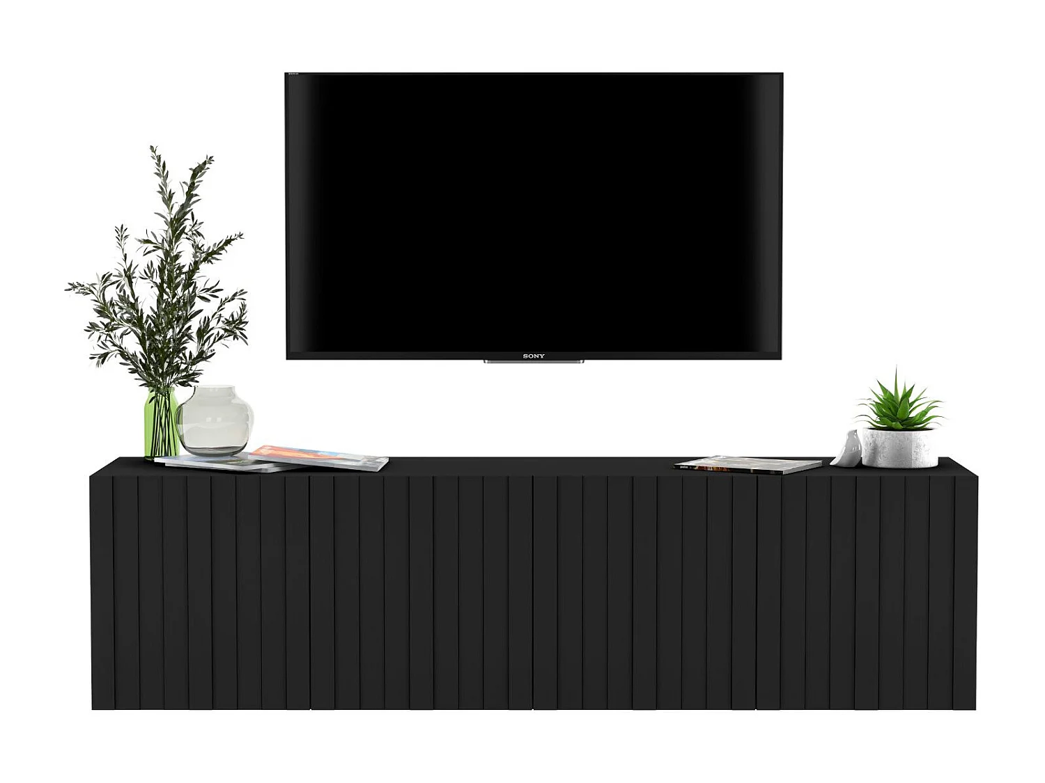 Meuble TV avec 4 portes - Corps noir mat, façades rainurées noir mat - 150 cm