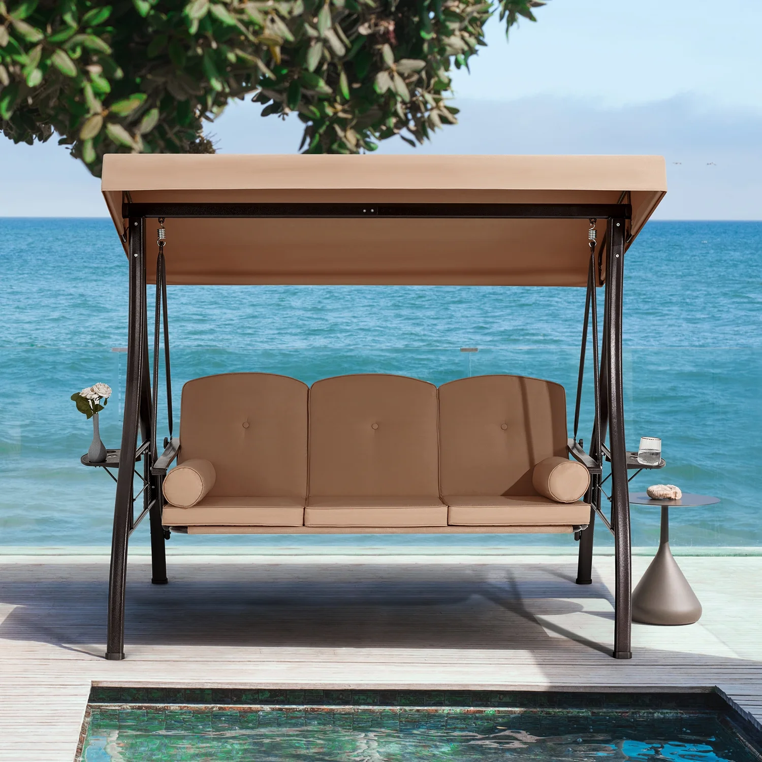 Homrest 3 Person Patio Outdoor Porch Swing with Adjustable Canopy, Backrest, Swing Bed with Stand for Garden,Deck - Image 20