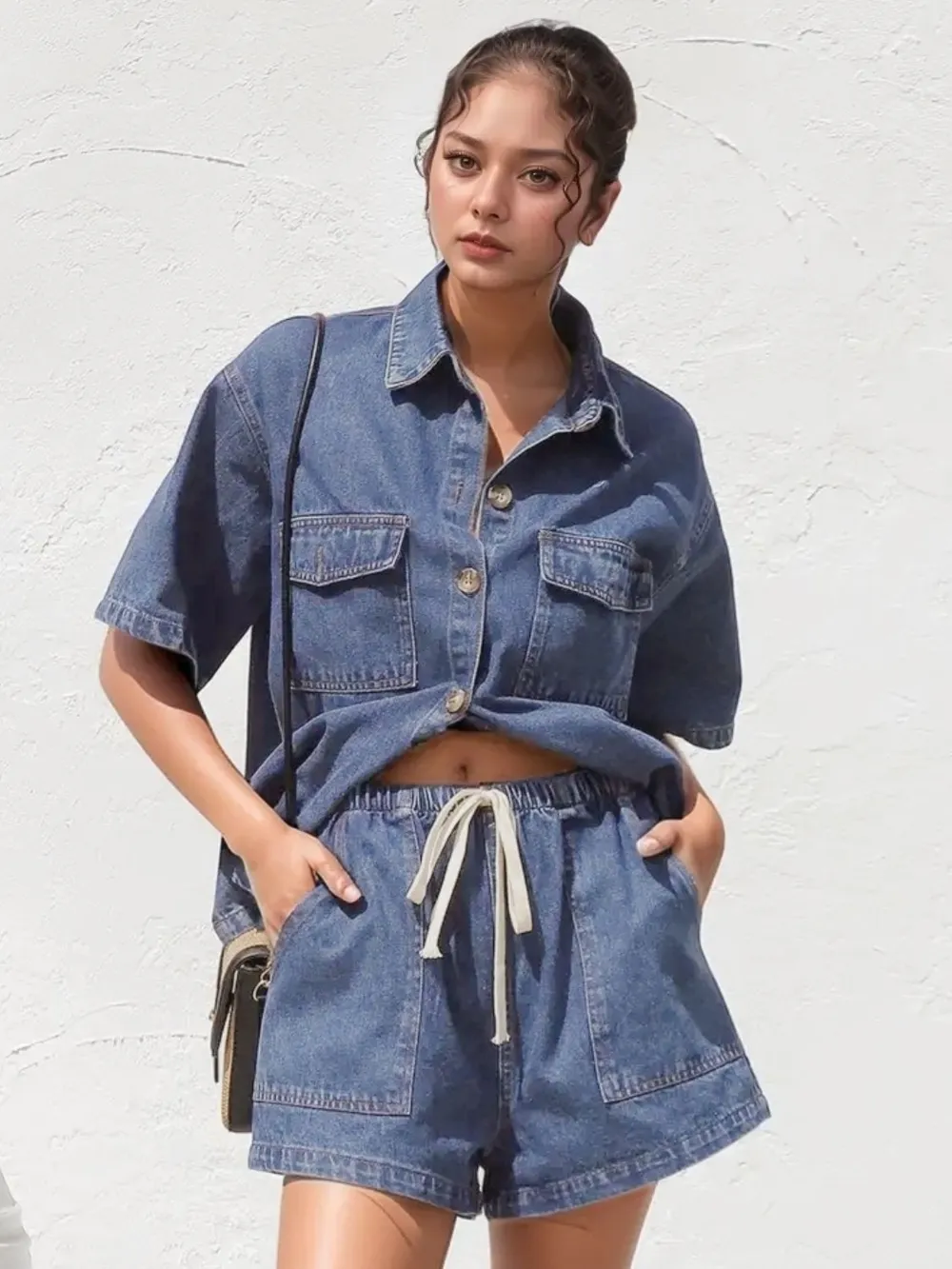 Collared Neck Button Up Top and Shorts Denim Set - ZKZOOK