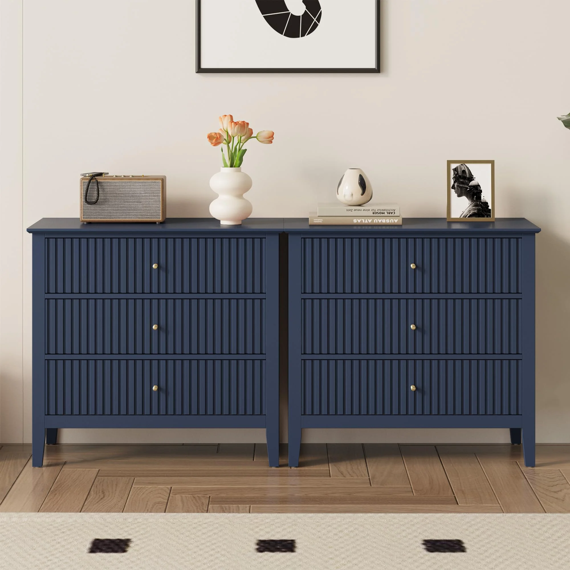 Heynemo Beige 6 Drawer Dresser, Fluted Modern Wood Chest - Image 66