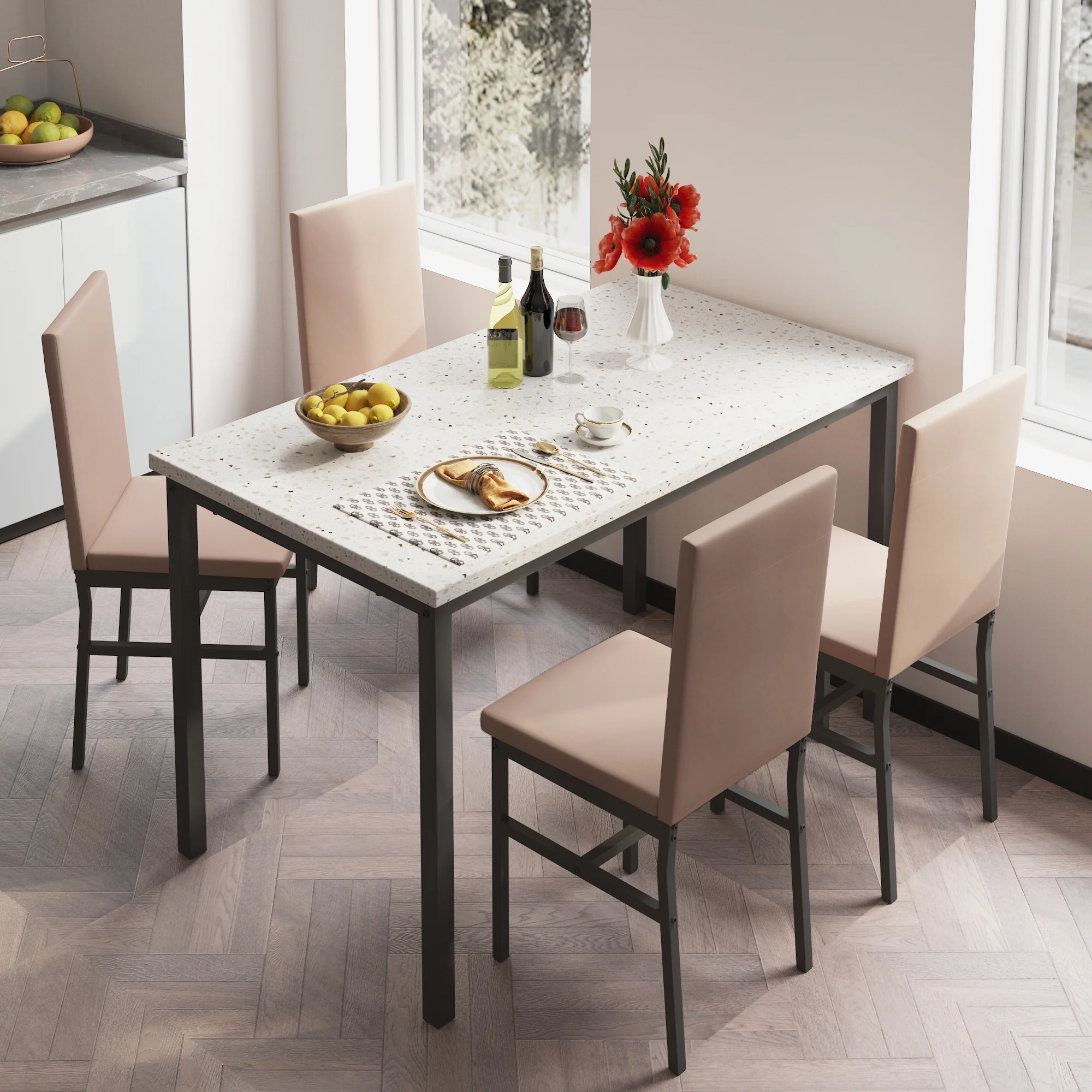 5 Piece Dining Set, Modern Dining Table and Chairs Set for 4, Counter Height Bar Table Set, Modern Pub Table with 4 Velvet Fabric Cushioned Stools, Faux Marble Dining Table & Stools Set, D9297 - Image 39