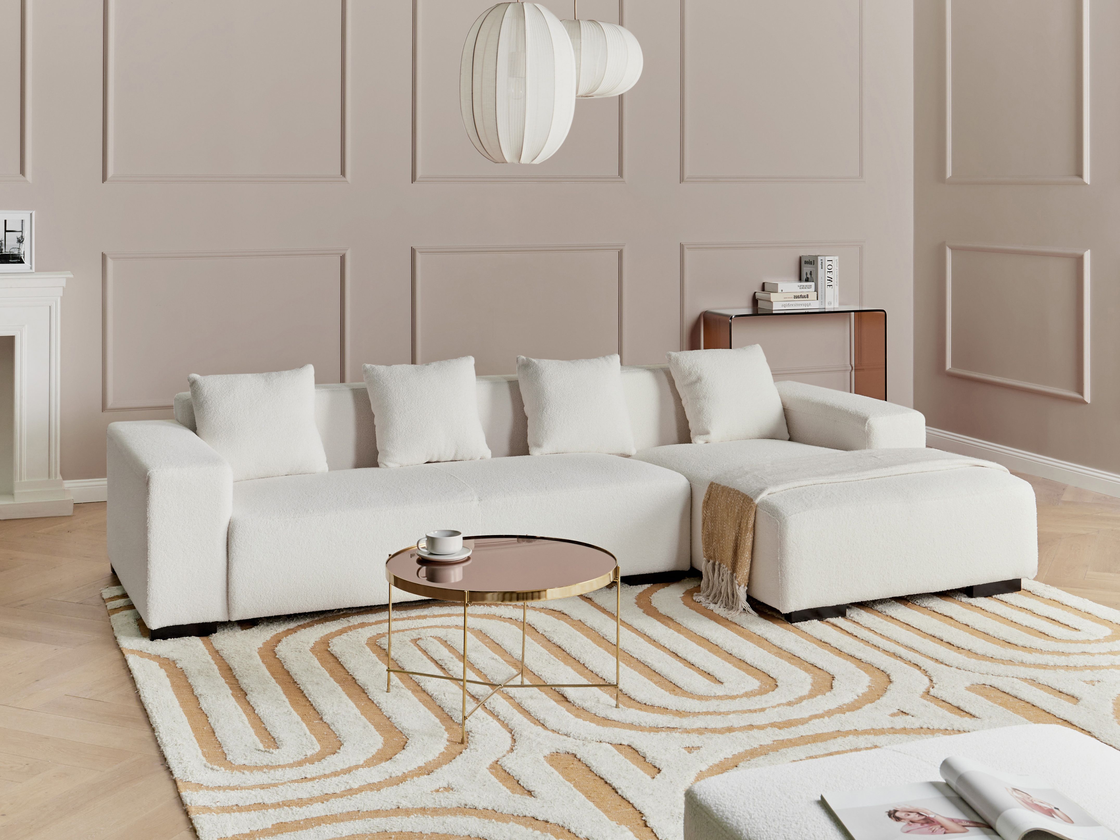 Corner Sofa 4 Seater LUNGO Boucle White Left Hand