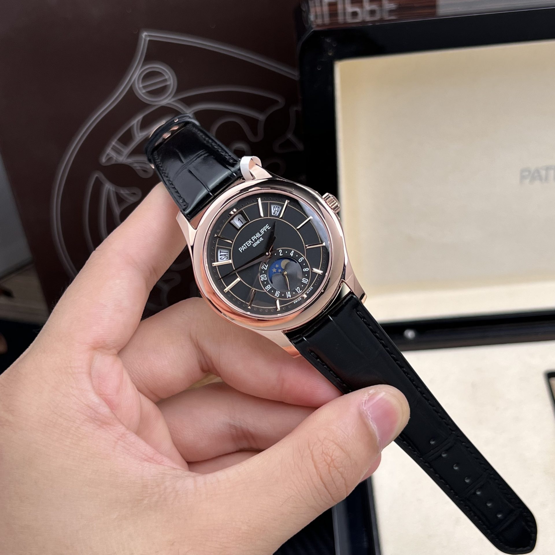 Patek Philippe Rep 11 Watch 5205R 18K Rose Gold Wrapped Men s Black Dial 40mm - Elite Watch Atelier