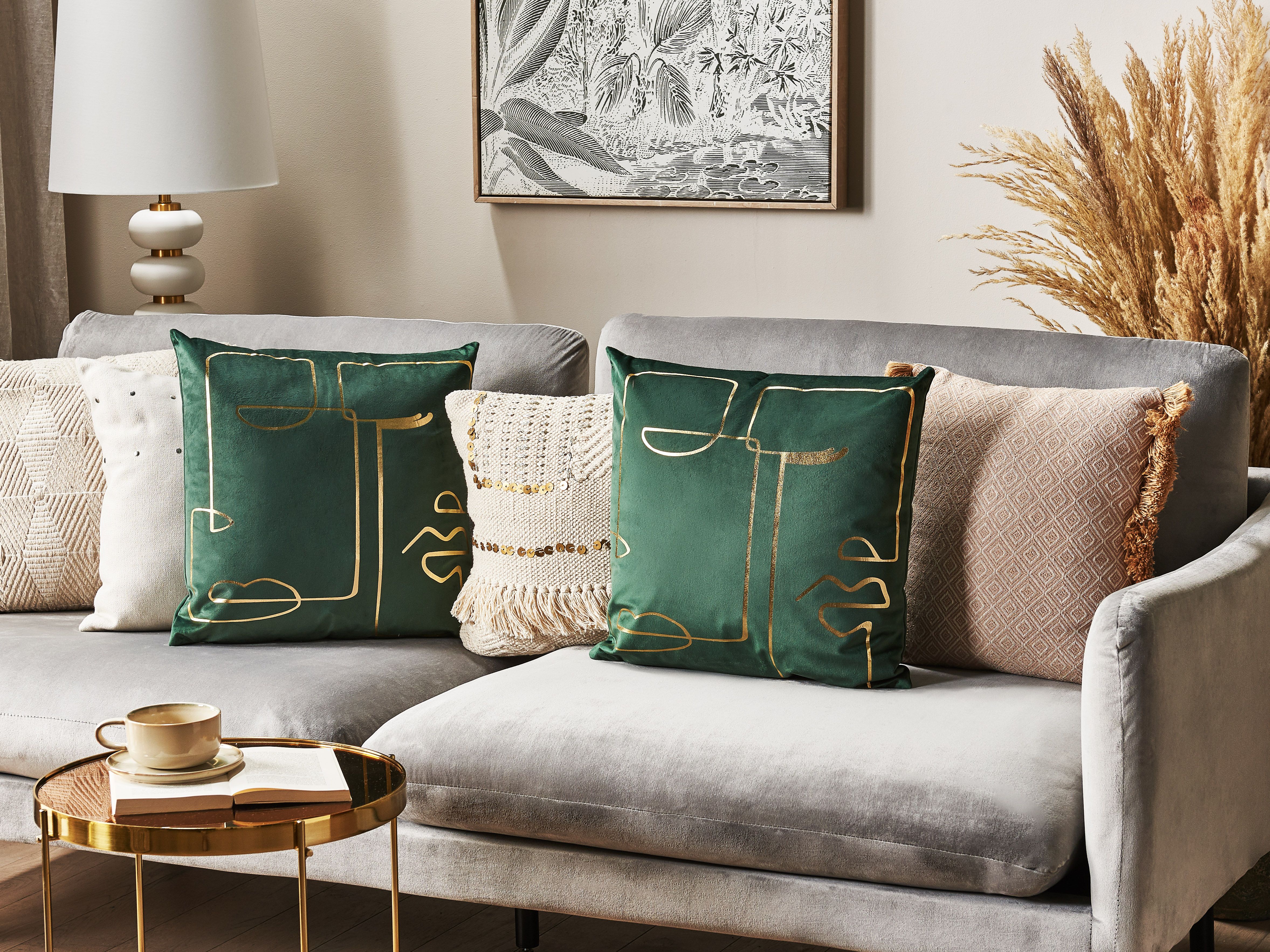 Set of 2 Decorative Cushions PHILODENDRON Velvet 45 x 45 cm Emerald Green Abstract Pattern