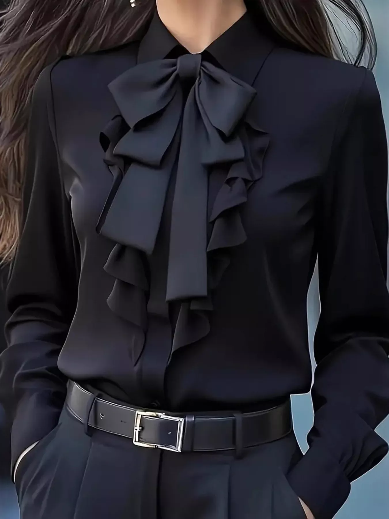 Ruffled Tie Front Long Sleeve Blouse - ZKZOOK
