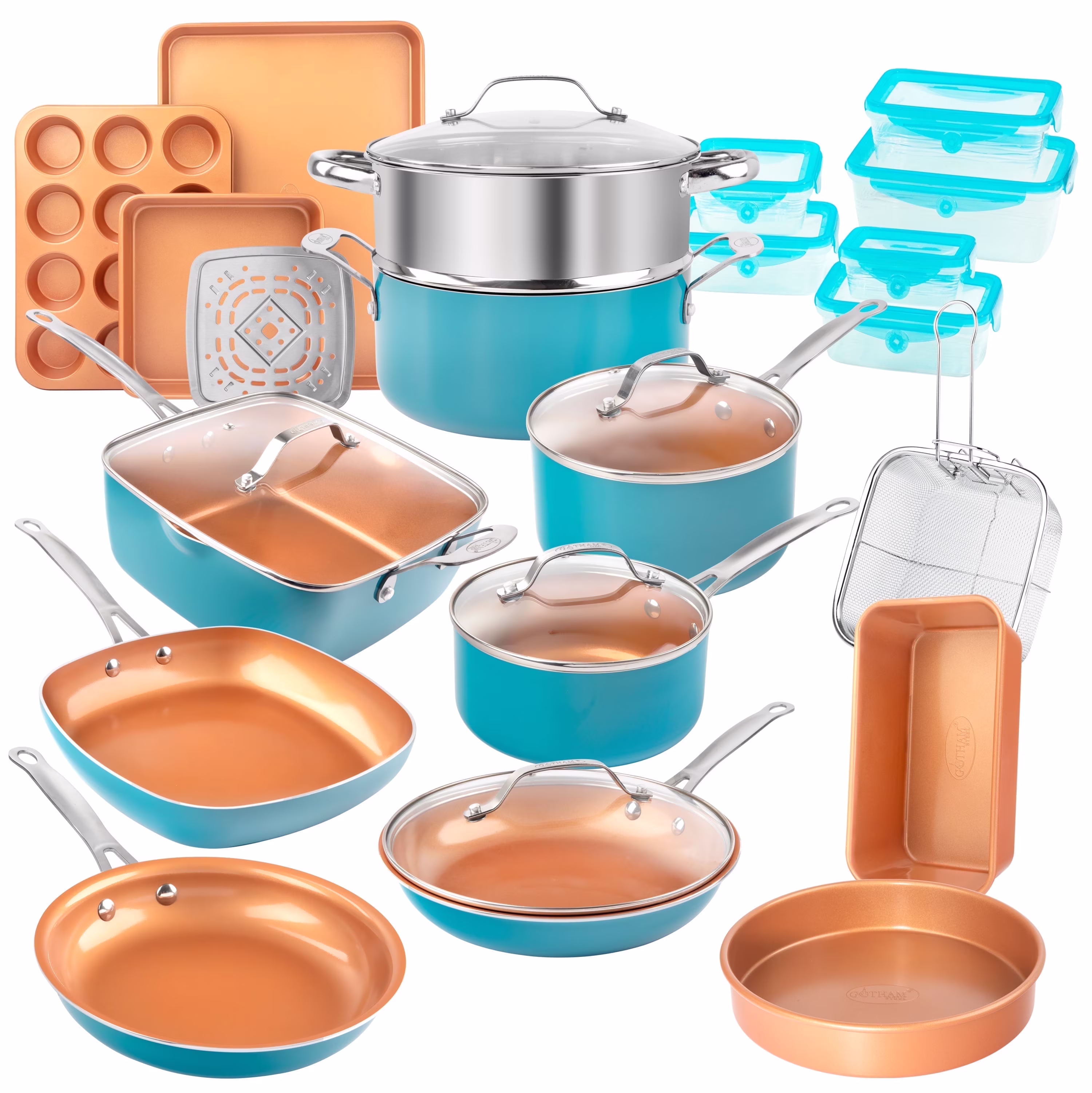 Gotham Steel 32 Pcs Pots and Pans Set Non Stick, Cookware Set with Bakeware and Premium Food Storage Set Nonstick Pots and Pans Set, Red - Image 3