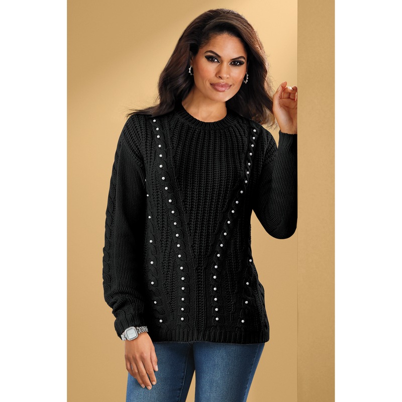 Leni Faux-Pearl Cable Knit Women's Sweater - MIDNIGHT VELVET CATALOG