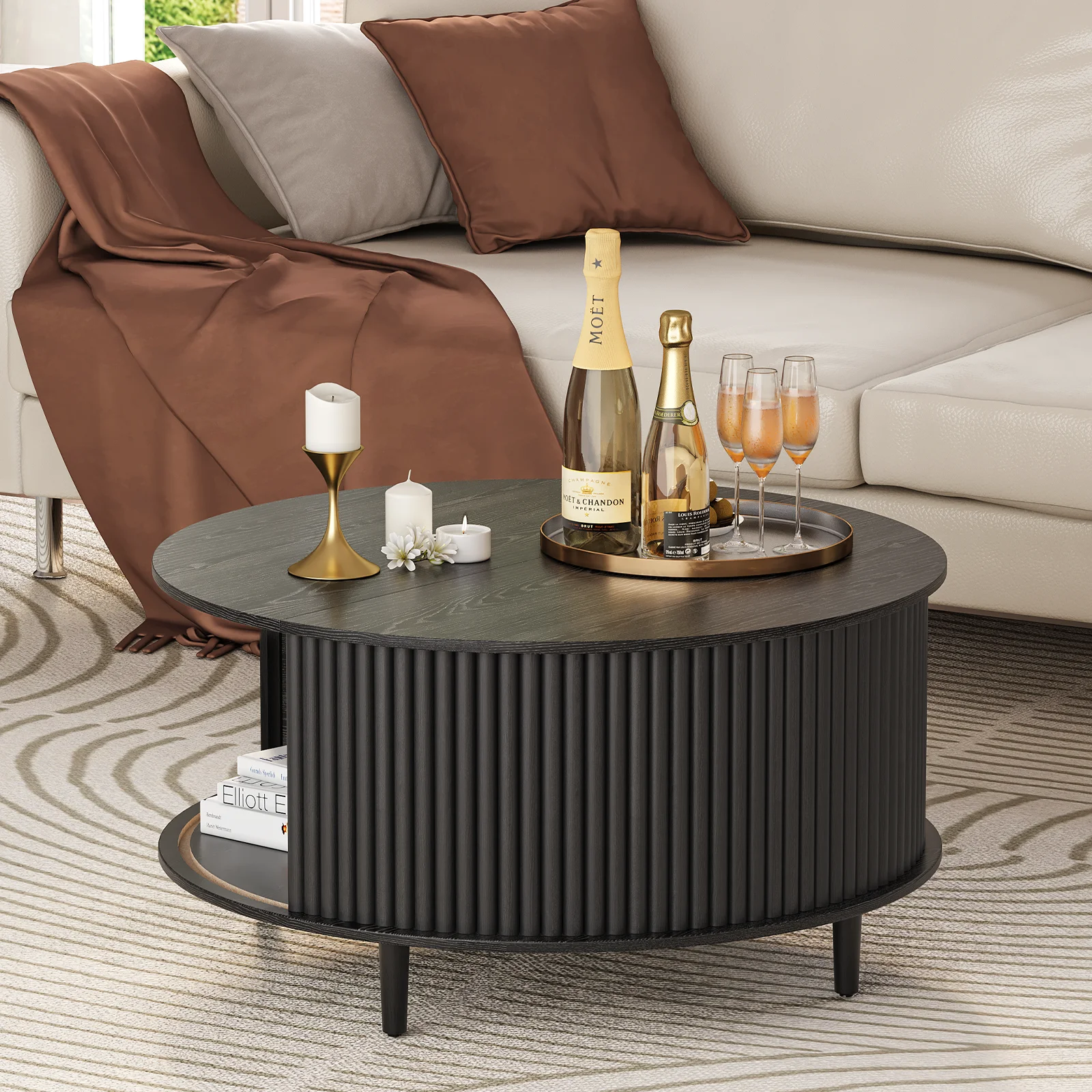 JOINICE Round Coffee Table with Storage and Sliding Door,Mid Century Modern Wooden Center Table,for Living Room,Walnut - Image 19
