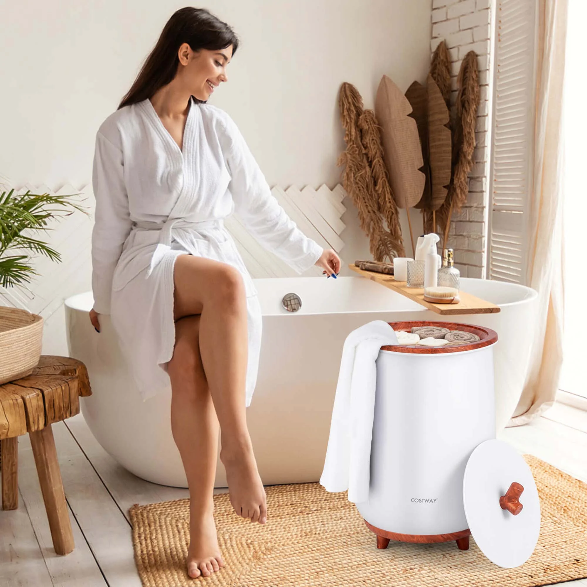 Costway 23L Bathroom Towel Warmer Bucket 4 Timer with Fragrance Holder & 3-Level Heating Brown