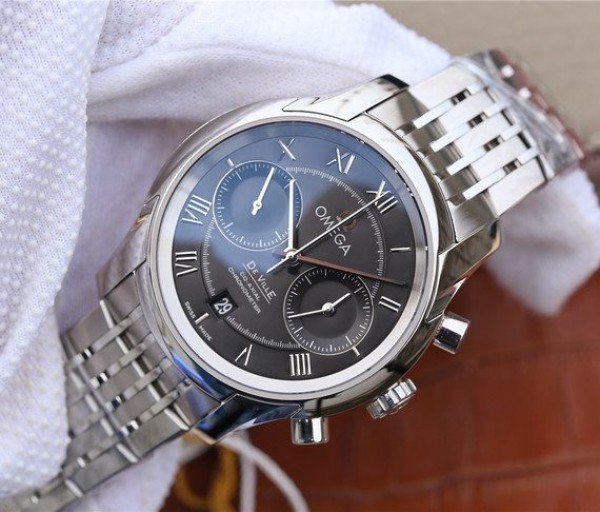 Replica Omega OMF De Ville Chronograph 42mm Black Dial SS Bracelet A9300 - Elite Watch Atelier