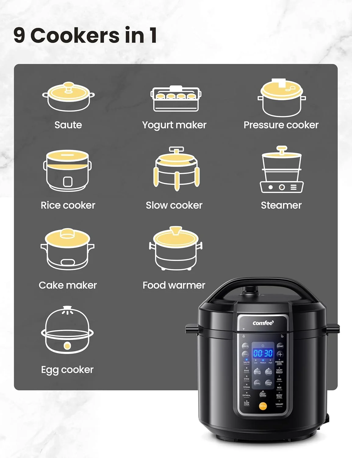 COMFEE�� 6QT Electric Pressure Cooker, 9-in-1 Instant Multi Cooker Olla de Presion  Rice Cooker Slow Cooker Steamer Saut�� Yogurt Maker Non-Stick Pot