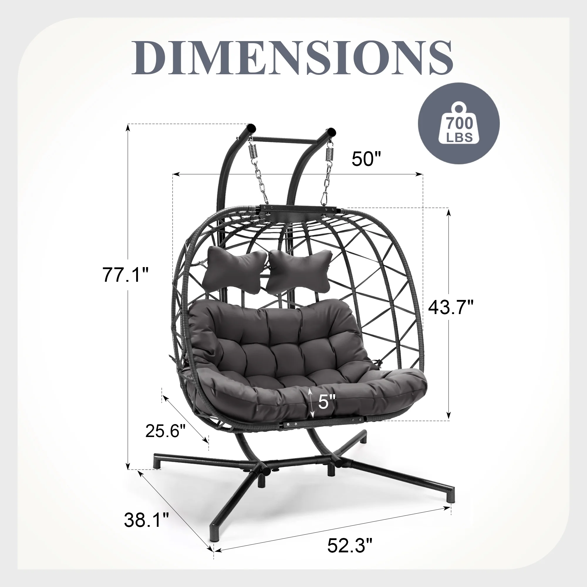 RADIATA Double Wicker Egg Swing Chair with Stand, 2-Person Hanging Egg Chair for Indoor/Outdoor, 700lbs Capacity, Thick Cushions & Headrest,Sturdy Metal Frame��Dark Gray - Image 6