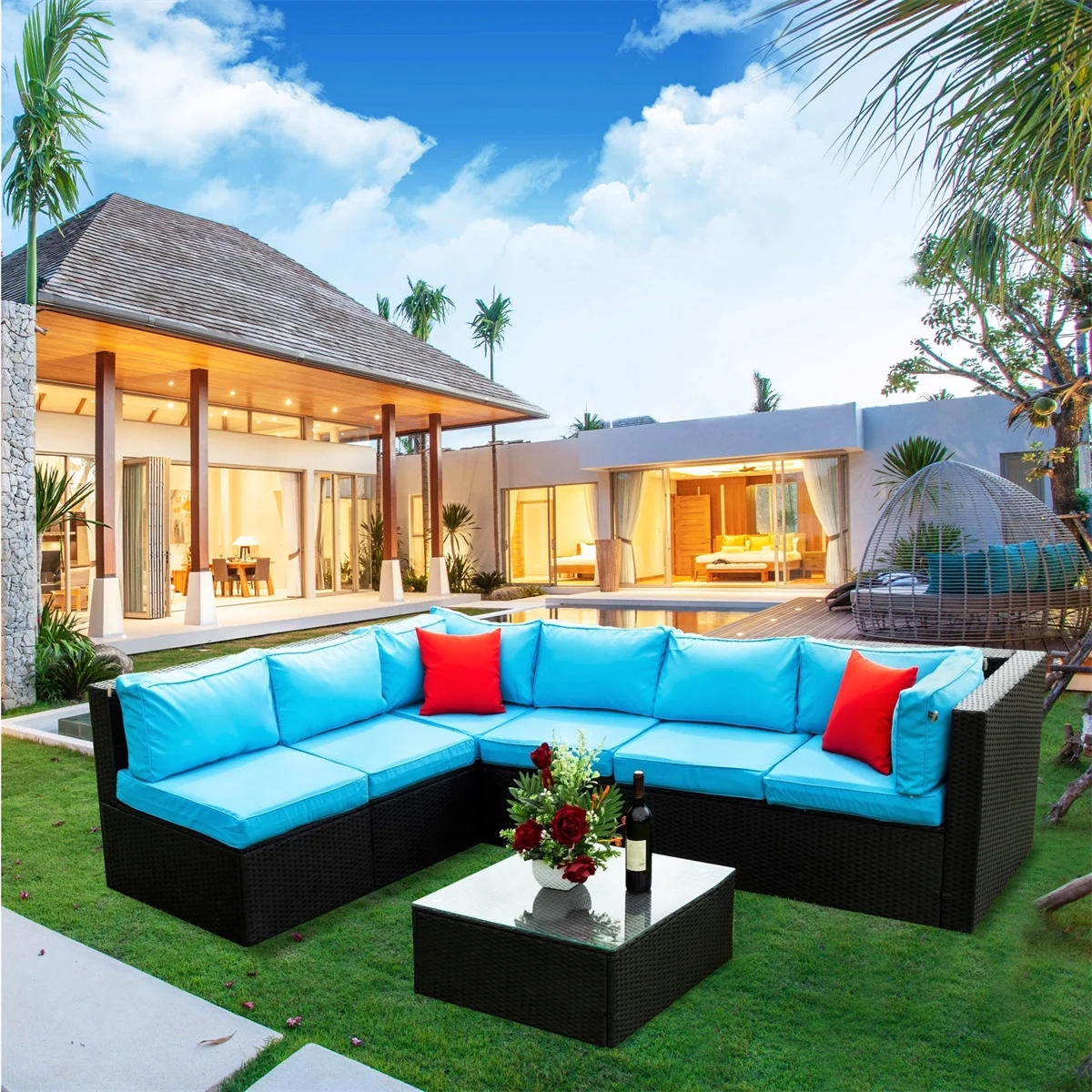 7 Piece Patio Furniture Sets Outdoor Sectional PE Rattan Outdoor Furniture Patio Conversation Set with Cushions and Glass Coffee Table, for Balcony Lawn and Garden, Gray - Image 26