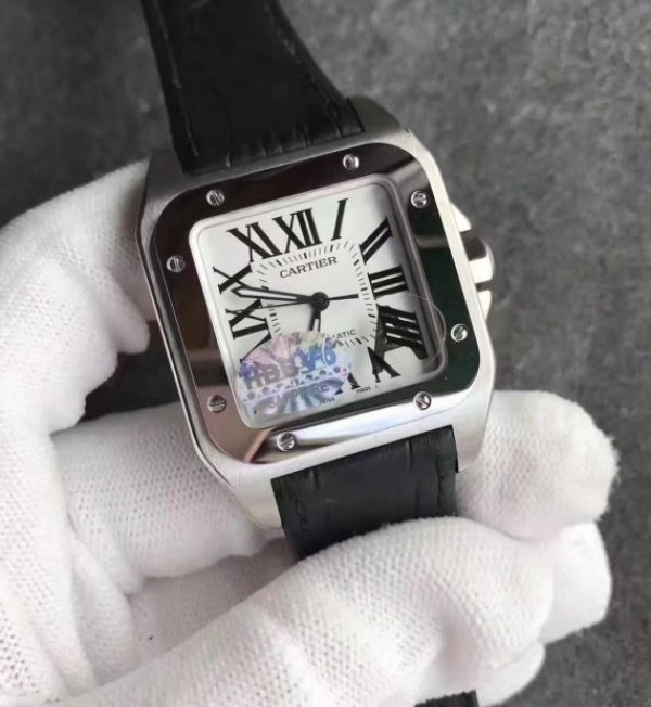 Replica Cartier Santos 100 33mm SS White Dial Black Leather Strap SEIKO NH05A - Elite Watch Atelier