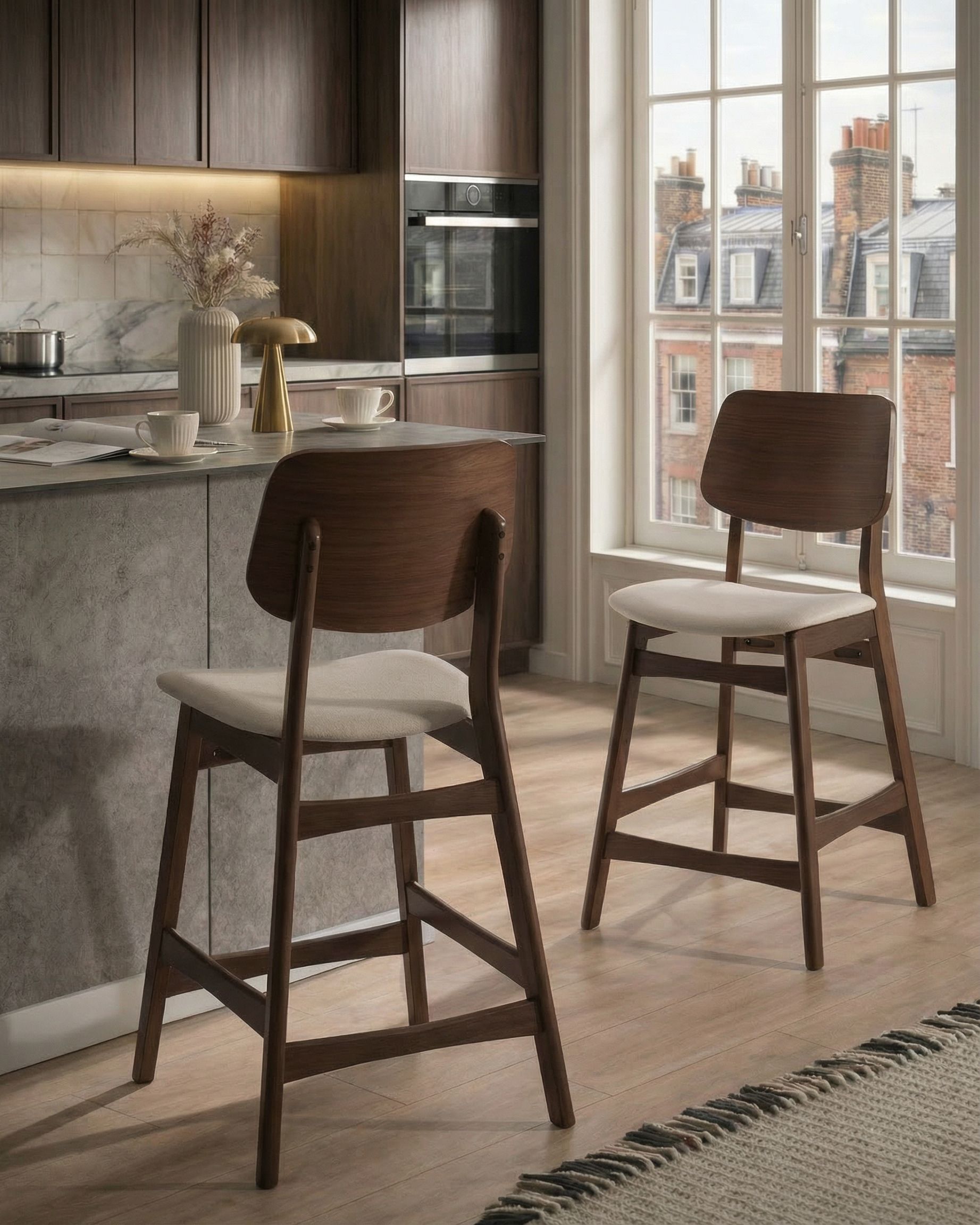 Set of 2 Bar Chairs MAYER Wood Off-White/ Brown